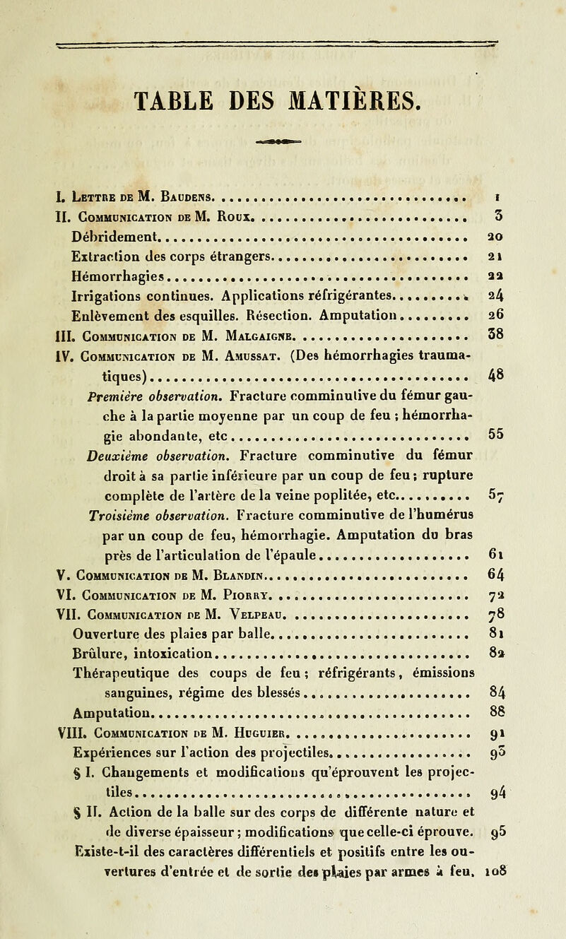 TABLE DES MATIERES. I. Lettre de M. Baudens i II. Communication de M. Roux 3 Débridement 20 Extraction des corps étrangers 21 Hémorrhagies sa Irrigations continues. Applications réfrigérantes v 24 Enlèvement des esquilles. Résection. Amputation 26 III. Communication de M. Malgaignb 38 IV. Communication de M. Amussat. (De9 hémorrhagies traurna- tiques) 48 Première observation. Fracture comminulive du fémur gau- che à la partie moyenne par un coup de feu ; hémorrha- gie abondante, etc 55 Deuxième observation. Fracture comminutive du fémur droit à sa partie inférieure par un coup de feu; rupture complète de l'artère de la veine poplitée, etc 57 Troisième observation. Fracture comminutive de l'humérus par un coup de feu, hémorrhagie. Amputation du bras près de l'articulation de l'épaule 61 V. Communication de M. Blandin 64 VI. Communication de M. Piorry 72 VII. Communication de M. Velpeau 78 Ouverture des plaies par balle 81 Brûlure, intoxication «... 82 Thérapeutique des coups de feu ; réfrigérants, émissions sanguines, régime des blessés 84 Amputation 88 VIII. Communication de M. Huguier. 91 Expériences sur l'action des projectiles g3 § I. Changements et modifications qu'éprouvent les projec- tiles 94 S II. Action de la balle sur des corps de différente nature et de diverse épaisseur ; modifications que celle-ci éprouve. g5 Existe-t-il des caractères différentiels et positifs entre les ou- vertures d'entrée et de sortie despUies par armes à feu. 108