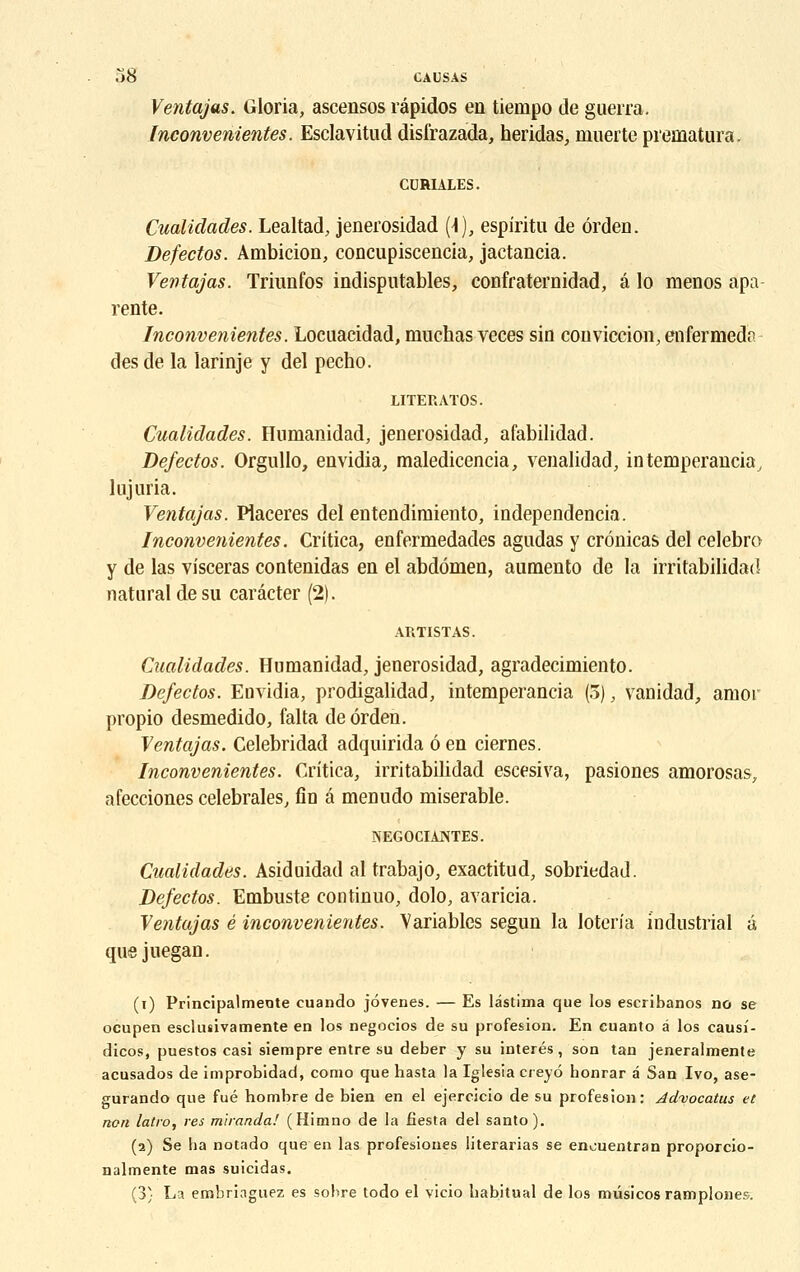 Ventajas. Gloria, ascensos répidos en tienipo de guerra. Inconvenientes. Esclavitud disfrazada, heridas, muer te preaiatura. CURIALES. Cualidades. Lealtad, jenerosidad (\), espiritu de ôrdeD. Defectos. Ambition, concupiscencia, jactancia. Ventajas. Triunfos indisputables, confraternidad, â lo menos apa rente. Inconvenientes. Locuacidad, muchas veces sio conviction, enfermed? des de la larinje y del pecho. LITEP.ATOS. Cualidades. Humanidad, jenerosidad, afabilidad. Defectos. Orgullo, envidia, maledicencia, venalidad, intemperancia, lujuria. Ventajas. Placeres del entendimiento, independencia. Inconvenientes. Critica, enfermedades agudas y crônicas del eelebro y de las visceras contenidas en el abdomen, aumento de la irritabilidad natural de su carâcter (2). ARTISTAS. Cualidades. Humanidad, jenerosidad, agradecimiento. Defectos. Envidia, prodigalidad, intemperancia (3), vanidad, amor propio desmedido, falta deôrden. Ventajas. Celebridad adquirida 6 en ciernes. Inconvenientes. Critica, irritabilidad escesiva, pasiones amorosas, afecciones celebrales, fin a menudo misérable. NEGOCIANTES. Cualidades. Asidaidad al trabajo, exactitud, sobriedad. Defectos. Embuste continuo, dolo, avaricia. Ventajas è inconvenientes. Variables segun la loteria industrial a quejuegan. (i) Principalmeote cuando jovenes. — Es lâstima que los escribanos no se ocupen esclutivamente en los negocios de su profesion. En cuanto à los causf- dicos, puestos casi siempre entre su deber y su interés, son tan jeneralmente acusados de improbidad, como que hasta la Iglesia creyô honrar a San Ivo, ase- gurando que fué hombre de bien en el ejercicio de su profesion: Advocatus et non latro, res m'iranda! (Himno de la fîesta del santo). (2) Se ha notado que en las profesiones literarias se enouentran proporcio- nalmente mas suicidas. (3} La embringuez es sobre todo el vicio habituai de los mûsicos ramplones.