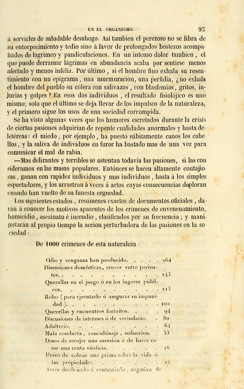 â servirles de saludable desahogo. Asi tambien el perezoso no se libra de su entorpecimiento y tedio sioo â favor de prolongados bostezos acompa- nados delagrimeo y pandiculaciones. En un intense- dolor tambien, el que puede derramar lagrimas en abundancia acaba por sentirse menos afectado y menos infeliz. Por ûltimo , si el nombre fino exhala su resen- timiento con un epigrama, uaa murmuracion, una perfidia, ^no exhala el nombre del pueblo su côlera con salivazos , con blasfemias, gritos, in- jurias y golpes ? En esos dos individuos, el resultado fisiolôjico es uno mismo; solo que el ûltimo se déjà llevar de los impulsos de la naturaleza, y el primero sigue los usos de una sociedad corrompida. Se ha visto algunas veces que los humores escretados durante la crisis de ciertas pasiones adquirian de repente cualidades anormales y hasta de- letéreas •• el miedo, por ejemplo, ha puesto sûbitamente canos los cabe- llos, y la saliva de individuos en furor ha bastado mas de una vez para comunicar el mal de rabia. —Mas délirantes y terribles se ostentan todavia las pasiones, si las con sideramos en las masas populares. Entônces se hacen altamente contajio sas, ganan con rapidez individuos y mas individuos, hasta â los simples espectadores, y los arrastran â veces â actos cuyas consecuencias doploran cuando han vuelto de su funesta ceguedad. Los siguientes estados , resûmenes exactos de documentos oficiales , da- rân â conocer los motivos aparentes de los crimenes de envenenamiento, homicidio, asesinato é incendio , clasificados por su frecuencia ; y mani- festarân al propio tiempo la accion perturbadora de las pasiones en la so ciedad : De \ 000 crimenes de esta naturaleza : Odio y venganza han producido ^64 Disensiones domésticas, xencor entre parien- tes , . . . .i43 Querellas en el juego 6 en los lugures publi- cos n3 Robo ( para ejecutarlo 6 asegurar su impuni- dad ) . .102 Queiellas y encuentros fortuitos. ... 94 Discusiones de intereses 6 de vecindario. . 80 Adulterio 64 Mala conducta , concubinaje , seduccion. . 53 Deseo de recojer una sucesion 6 de hacer cé- sar una renta vitalicla. . . • . . .26 Deseo de cobrar una prima sobre la vida 6 las propiedades 2 5