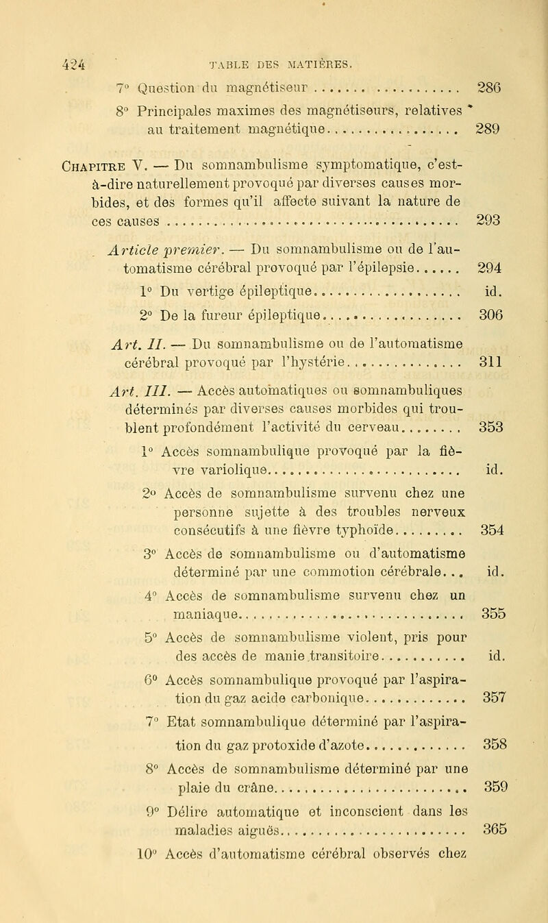 7° Question du magnétiseur 286 8° Principales maximes des magnétiseurs, relatives * au traitement magnétique 289 Chapitre V. — Du somnambulisme symptomatique, c'est- à-dire naturellement provoqué par diverses causes mor- bides, et des formes qu'il affecte suivant la nature de ces causes * 293 Article premier. — Du somnambulisme ou de l'au- tomatisme cérébral provoqué par l'épilepsie 294 1° Du vertige épileptique id. 2° De la fureur épileptique , 306 Art. IL — Du somnambulisme ou de l'automatisme cérébral provoqué par l'hystérie 311 Art. 111. — Accès automatiques ou somnambuliques déterminés par diverses causes morbides qui trou- blent profondément l'activité du cerveau 353 1° Accès somnambulique provoqué par la fiè- vre variolique id. 2° Accès de somnambulisme survenu chez une personne sujette à des troubles nerveux consécutifs à une fièvre tj^phoïde 354 3° Accès de somnambulisme ou d'automatisme déterminé par une commotion cérébrale... id. 4° Accès de somnambulisme survenu chez un maniaque 355 5° Accès de somnambulisme violent, pris pour des accès de manie .transitoire id. 6° Accès somnambulique provoqué par l'aspira- tion du gaz acide carbonique 357 7° Etat somnambulique déterminé par l'aspira- tion du gaz protoxide d'azote 358 8° Accès de somnambulisme déterminé par une plaie du crâne 359 9° Délire automatique et inconscient dans les maladies aiguës 365 10° Accès d'automatisme cérébral observés chez