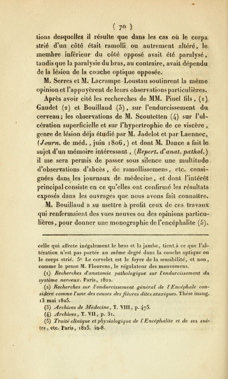 lions desquelles il résulte que dans les cas où le corps strié d'un côté était ramolli ou autrement altéré, le membre inférieur du côté opposé avait été paralysé, tandis que la paralysie du bras, au contraire, avait dépendu de la lésion de la couche optique opposée. M. Serres et M. Lacrampe-Loustau soutinrent la même opinion et l'appuyèrent de leurs observations particulières. Après avoir cité les recherches de MM. Pinel fds , (i) Gaudef (2) et Bouillaud (3), sur l'endurcissement du cerveau; les observations de M. Sçoutetten (4) sur l'ul- cération superficielle et sur l'hypertrophie de ce viscère , genre de lésion déjà étudié par M. Jadelot et par Laennec, {Journ. de méd. , juin 1806, ) et dont M. Dance a fait le sujet d'un mémoire intéressant, [Repert. cTanat» pathoL) il me sera permis de passer sous silence une multitude d'observations d'abcès , de ramollissemens, etc. consi- gnées dans les journaux de médecine, et dont l'intérêt principal consiste ei) ce qu'elles ont confirmé les résultats exposés dans les ouvrages que nous avons fait connaître. M. Bouillaud a su mettre à profit ceux de ces travaux qui renfermaient des vues neuves ou des opinions particu- lières, pour donner une monographie de l'encéphalite (5). celle qui affecte inégalement le bras et la jambe, tient à ce que Fal- te'ration n'est pas porte'e au même degré dans la couche optique ou le corps strie'. 5° Le cervelet est le foyer delà sensibilité', et non, comme le pense M. Flourens, le re'gulateur des mouvemens. (i) Recherches danatoniie pathologique sur l'endurcissement du système ner^^eux, Paris, 1822. (2) Recherches sur l'endurcissement général de l'Encéphale con- sidéré comme l'une des causes desjîèi^res ditesataxiques. Thèse inaug. i3 mai 1825. (3) Archives de Médecine, T. VIII, p. 475. (4) Archi^^es, T. VII, p. 3i. (5) Traité clinique et physiologique de l'Encéphalite et de ses sui- ^ç;^, etc», Paris, 1825. iiî-8.