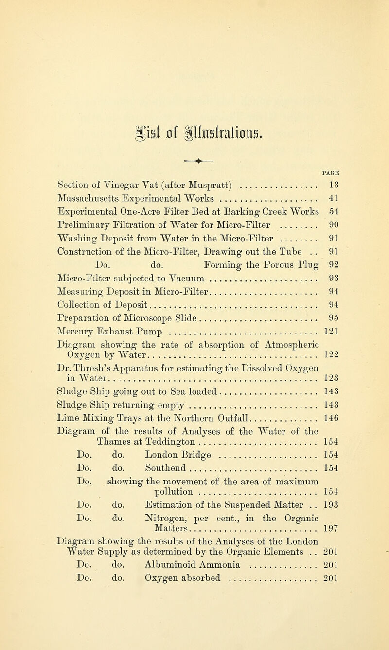 %mt fff %llmixtikm. ! ♦ PAGE Section of Vinegar Yat (after Muspratt) 13 Massachusetts Experimental Works 41 Experimental One-Acre Filter Bed at Barking Creek Works 54 Preliminary Filtration of Water for Micro-Filter 90 Washing Deposit from Water in the Micro-Filter 91 Construction of the Micro-Filter, Drawing out the Tube . . 91 Do. do. Forming the Porous Plug 92 Micro-Filter subjected to Vacuum 93 Measuring Deposit in Micro-Filter 94 Collection of Deposit 94 Preparation of Microscope Slide 95 Mercury Exhaust Pump 121 Diagram showing the rate of absorption of Atmospheric Oxygen by Water 122 Dr. Thresh's Apparatus for estimating the Dissolved Oxygen in Water 123 Sludge Ship going out to Sea loaded 143 Sludge Ship returning empty 143 Lime Mixing Trays at the Northern Outfall 146 Diagram of the results of Analyses of the Water of the Thames at Teddington 154 Do. do. London Bridge 154 Do. do. Southend 154 Do. showing the movement of the area of maximum pollution 154 Do. do. Estimation of the Suspended Matter . . 193 Do. do. Nitrogen, per cent., in the Organic Matters 197 Diagram showing the results of the Analyses of the London Water Supply as determined by the Organic Elements . . 201 Do. do. Albuminoid Ammonia 201 Do. do. Oxygen absorbed 201