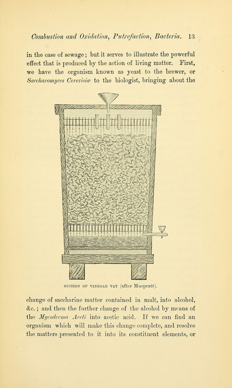 in the case of sewage; but it serves to illustrate the powerful effect that is produced by the action of living matter. First, we have the organism known as yeast to the brewer, or Saccharomyces Cerevisice to the biologist, bringing about the section of vinegae vat (after Muspratt). change of saccharine matter contained in malt, into alcohol, &c.; and then the further change of the alcohol by means of the Mycoderma Aceti into acetic acid. If we can find an orgauism which will make this change complete, and resolve the matters presented to it into its constituent elements, or