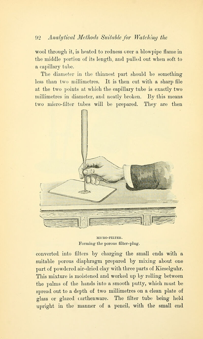 wool through it, is heated to redness over a blowpipe flame in the middle portion of its length, and pulled out when soft to a capillary tube. The diameter in the thinnest part should be something less than two millimetres. It is then cut with a sharp file at the two points at which the capillary tube is exactly two millimetres in diameter, and neatly broken. By this means two micro-filter tubes will be prepared. They are then MICRO-FILTER. Forming the porous filter-plug. converted into filters by charging the small ends with a suitable porous diaphragm prepared by mixing about one part of powdered air-dried clay with three parts of Kieselguhr. This mixture is moistened and worked up by rolling between the palms of the hands into a smooth putty, which must be spread out to a depth of two millimetres on a clean plate of glass or glazed earthenware. The filter tube being held upright in the manner of a pencil, with the small end