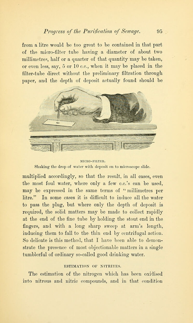 from a litre would be too great to be contained in that part of the micro-filter tube having a diameter of about two millimetre?, half or a quarter of that quantity may be taken, or even less, say, 5 or 10 c.c, when it may be placed in the filter-tube direct without the preliminary filtration through paper, and the depth of deposit actually found should be MICRO-FILTER. Shaking the drop of water with deposit on to microscope slide. multiplied accordingly, so that the result, in all cases, even the most foul water, where only a few c.c.'s can be used, may be expressed in the same terms of  millimetres per litre. In some cases it is difficult to induce all the water to pass the plug, but where only the depth of deposit is required, the solid matters may be made to collect rapidly at the end of the fine tube by holding the stout end in the fingers, and with a long sharp sweep at arm's length, inducing them to fall to the thin end by centrifugal action. So delicate is this method, that I have been able to demon- strate the presence of most objectionable matters in a single tumblerful of ordinary so-called good drinking water. ESTIMATION OF NITRITES. The estimation of the nitrogen which has been oxidised into nitrous and nitric compounds, and in that condition
