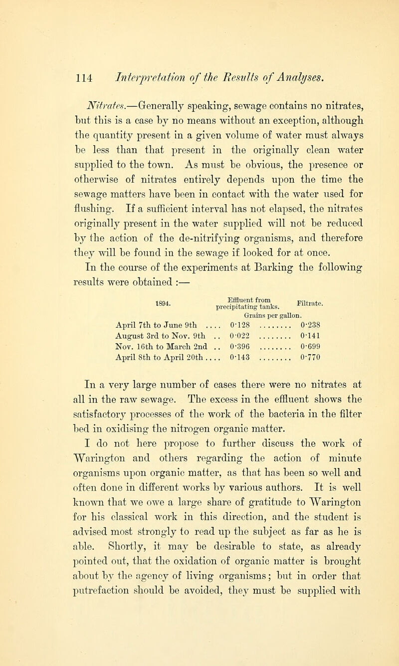 Nitrates.—Generally speaking, sewage contains no nitrates, but this is a case by no means without an exception, although the quantity present in a given volume of water must always be less than that present in the originally clean water supplied to the town. As must be obvious, the presence or otherwise of nitrates entirely depends upon the time the sewage matters have been in contact with the water used for flushing. If a sufficient interval has not elapsed, the nitrates originally present in the water supplied will not be reduced by the action of the de-nitrifying organisms, and therefore they will be found in the sewage if looked for at once. In the course of the experiments at Barking the following results were obtained :— 1894. ,-„;*-„+;„„ +„„!,„ Filtrate. Effluent from precipitating' tanks. Grains per gallon. April 7th to June 9th 0-128 0-238 August 3rd to Nov. 9th .. 0-022 0-141 Nov. 16th to March 2nd .. 0-396 0-699 April 8th to April 20th .... 0-143 0-770 In a very large number of cases there were no nitrates at all in the raw sewage. The excess in the effluent shows the satisfactory processes of the work of the bacteria in the filter bed in oxidising the nitrogen organic matter. I do not here propose to further discuss the work of Warington and others regarding the action of minute organisms upon organic matter, as that has been so well and often done in different works by various authors. It is well known that we owe a large share of gratitude to Warington for his classical work in this direction, and the student is advised most strongly to read up the subject as far as he is able. Shortly, it may be desirable to state, as already pointed out, that the oxidation of organic matter is brought about by the agency of living organisms; but in order that putrefaction should be avoided, they must be supplied with