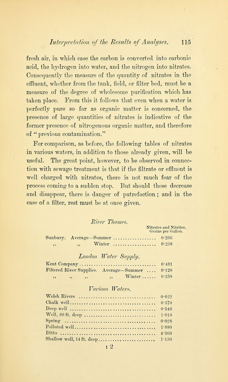 fresh air, in which case the carbon is converted into carbonic acid, the hydrogen into water, and the nitrogen into nitrates. Consequently the measure of the quantity of nitrates in the effluent, whether from the tank, field, or filter bed, must be a measure of the degree of wholesome purification which has taken place. From this it follows that even when a water is perfectly pure so far as organic matter is concerned, the presence of large quantities of nitrates is indicative of the former presence of nitrogenous organic matter, and therefore of  previous contamination. For comparison, as before, the following tables of nitrates in various waters, in addition to those already given, will be useful. The great point, however, to be observed in connec- tion with sewage treatment is that if the filtrate or effluent is well charged with nitrates, there is not much fear of the process coming to a sudden stop. But should these decrease and disappear, there is danger of putrefaction; and in the case of a filter, rest must be at once given. River Thames. Nitrates and Nitrites. Grains per Gallon. Sunbury. Average—Summer 0-206 ,, ,, Winter 0-258 London Water Supply. Kent Company 0-401 Filtered River Supplies. Average—Summer .... 0*128 ,, ,, ,, „ Winter 0-258 Various Waters. Welsh Rivers 0 Chalk well „ « 0 Deep well 0 Well, 60 ft. deep 1 Spring 0 Polluted well 1 Ditto 4 Shallow well, 14 ft. deep 1 i2 022 370 540 010 028 880 360 150