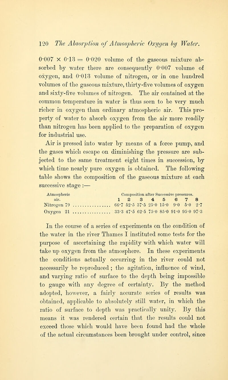 0*007 X 0*13 = 0-020 volume of the gaseous mixture ab- sorbed by water there are consequently 0*007 volume of oxygen, and 0*013 volume of nitrogen, or in one hundred volumes of the gaseous mixture, thirty-five volumes of oxygen and sixty-five volumes of nitrogen. The air contained at the common temperature in water is thus seen to be very much richer in oxygen than ordinary atmospheric air. This pro- perty of water to absorb oxygen from the air more readily than nitrogen has been applied to the preparation of oxygen for industrial use. Air is pressed into water by means of a force pump, and the gases which escape on diminishing the pressure are sub- jected to the same treatment eight times in succession, by which time nearly pure oxygen is obtained. The following table shows the composition of the gaseous mixture at each successive stage :— Atmospheric Composition after Successive pressures. air. 12345678 Nitrogen 79 66'7 52-5 37*5 25-0 15-0 9-0 5-0 2-7 Oxygen 21 33-3 47*5 62-5 75-0 85-0 91-0 95-0 97*3 In the course of a series of experiments on the condition of the water in the river Thames I instituted some tests for the purpose of ascertaining the rapidity with which water will take up oxygen from the atmosphere. In these experiments the conditions actually occurring in the river could not necessarily be reproduced; the agitation, influence of wind, and varying ratio of surface to the depth being impossible to gauge with any degree of certainty. By the method adopted, however, a fairly accurate series of results was obtained, applicable to absolutely still water, in which the ratio of surface to depth was practically unity. By this means it was rendered certain that the results could not exceed those which would have been found had the whole of the actual circumstances been brought under control, since