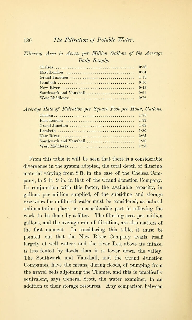 Filtering Area in Acres, per Million Gallons of the Average Daily Supply. Chelsea 0-58 East London 0-64 Grand Junction 1*13 Lambeth 0-50 New River 0-43 Southwark and Vauxhall 0-61 West Middlesex 0-72 Average Rate of Filtration per Square Foot per Hour, Gallons. Chelsea 1*75 East London 1*33 Grand Junction 1*63 Lambeth 1-80 New River 2-25 Southwark and Vauxhall , 1*50 West Middlesex 1-25 From this table it will be seen that there is a considerable divergence in the system adopted, the total depth of filtering material varying from 8 ft. in the case of the Chelsea Com- pany, to 2 ft. 9 in. in that of the Grand Junction Company. In conjunction with this factor, the available capacity, in gallons per million supplied, of the subsiding and storage reservoirs for unfiltered water must be considered, as natural sedimentation plays no inconsiderable part in relieving the work to be done by a filter. The filtering area per million gallons, and the average rate of filtration, are also matters of the first moment. In considering this table, it must be pointed out that the New River Company avails itself largely of well water; and the river Lea, above its intake, is less fouled by floods than it is lower down the valley. The Southwark and Vauxhall, and the Grand Junction Companies, have the means, during floods, of pumping from the gravel beds adjoining the Thames, and this is practically equivalent, says General Scott, the water examiner, to an addition to their storage resources. Any comparison between