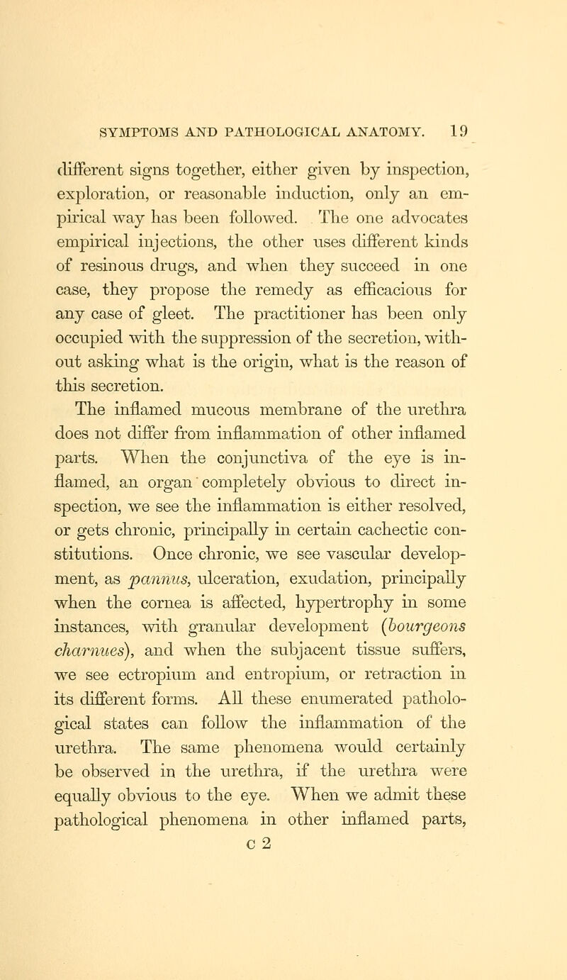 different signs together, either given by inspection, exploration, or reasonable induction, only an em- pirical way has been followed. The one advocates empirical injections, the other uses different kinds of resinous drugs, and when they succeed in one case, they propose the remedy as efficacious for any case of gleet. The practitioner has been only occupied with the suppression of the secretion, with- out asking what is the origin, what is the reason of tliis secretion. The inflamed mucous membrane of the urethra does not differ from inflammation of other inflamed parts. When the conjunctiva of the eye is in- flamed, an organ' completely obvious to direct in- spection, we see the inflammation is either resolved, or gets chronic, principally in certain cachectic con- stitutions. Once chronic, we see vascular develop- ment, as pannus, ulceration, exudation, principally when the cornea is affected, hypertrophy in some instances, with granular development (bourgeons charnues), and when the subjacent tissue suffers, we see ectropium and entropium, or retraction in its different forms. All these enumerated patholo- gical states can follow the inflammation of the urethra. The same phenomena would certainly be observed in the urethra, if the urethra were equally obvious to the eye. When we admit these pathological phenomena in other inflamed parts, C2
