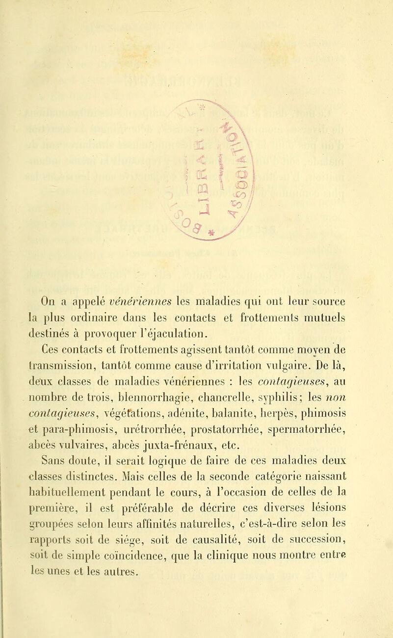 On a appelé vénériennes les maladies qui ont leur source la plus ordinaire dans les contacts et frottements mutuels destinés à provoquer l'éjaculation. Ces contacts et frottements agissent tantôt comme moyen de transmission, tantôt comme cause d'irritation vulgaire. De là, àëux classes de maladies vénériennes : les contagieuses, au nombre de trois, blennorrhagie, chancrelle, syphilis; les non contagieuses, végétations, adénite, balanite, herpès, phimosis et para-phimosis, urétrorrhée, prostatorrhée, spermatorrhée, abcès vulvaires, abcès juxta-frénaux, etc. Sans doute, il serait logique de faire de ces maladies deux classes distinctes. Mais celles de la seconde catégorie naissant habituellement pendant le cours, à l'occasion de celles de la première, il est préférable de décrire ces diverses lésions groupées selon leurs affinités naturelles, c'est-à-dire selon les rapports soit de siège, soit de causalité, soit de succession, soit de simple coïncidence, que la clinique nous montre entre les unes et les autres.