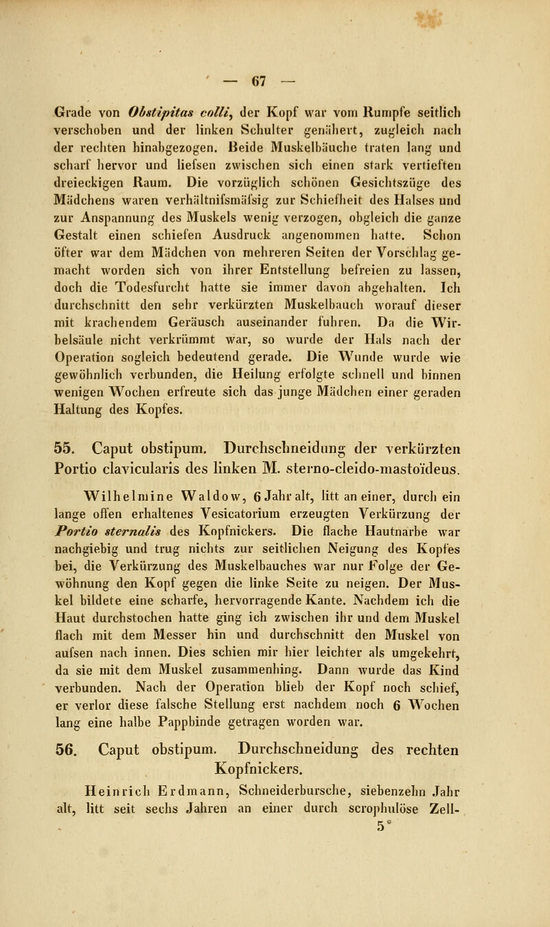 Grade von Obstipitas colli, der Kopf war vom Rumpfe seitlich verschoben und der linken Schulter genähert, zugleich nach der rechten hinabgezogen. Beide Muskelbäuche traten lang und scharf hervor und liefsen zwischen sich einen stark vertieften dreieckigen Raum, Die vorzüglich schönen Gesichtszüge des Mädchens waren verhältnifsmäfsig zur Schiefheit des Halses und zur Anspannung des Muskels wenig verzogen, obgleich die ganze Gestalt einen schiefen Ausdruck angenommen hatte. Schon öfter war dem Mädchen von mehreren Seiten der Vorschlag ge- macht worden sich von ihrer Entstellung befreien zu lassen, doch die Todesfurcht hatte sie immer davon abgehalten. Ich durchschnitt den sehr verkürzten Muskelbauch worauf dieser mit krachendem Geräusch auseinander fuhren. Da die Wir- belsäule nicht verkrümmt war, so wurde der Hals nach der Operation sogleich bedeutend gerade. Die Wunde wurde wie gewöhnlich verbunden, die Heilung erfolgte schnell und binnen wenigen Wochen erfreute sich das junge Mädchen einer geraden Haltung des Kopfes. 55. Caput übstipum. Durchschneidung der verkürzten Portio clavicularis des linken M. sterno-cleido-mastoideus. Wilhelmine Waldow, 6 Jahr alt, litt an einer, durch ein lange offen erhaltenes Vesicatoriura erzeugten Verkürzung der Portio Sternalis des Kopfnickers. Die flache Hautnarbe war nachgiebig und trug nichts zur seitlichen Neigung des Kopfes bei, die Verkürzung des Muskelbauches war nur Folge der Ge- wöhnung den Kopf gegen die linke Seite zu neigen. Der Mus- kel bildete eine scharfe, hervorragende Kante. Nachdem ich die Haut durchstochen hatte ging ich zwischen ihr und dem Muskel flach mit dem Messer hin und durchschnitt den Muskel von aufsen nach innen. Dies schien mir hier leichter als umgekehrt, da sie mit dem Muskel zusammenhing. Dann wurde das Kind verbunden. Nach der Operation blieb der Kopf noch schief, er verlor diese falsche Stellung erst nachdem noch 6 W^ochen lang eine halbe Pappbinde getragen worden war. 56. Caput obstipum. Durchschneidung des rechten Kopfnickers. Heinrich Erdmann, Schneiderbursche, siebenzehn Jahr alt, litt seit sechs Jahren an einer durch scrophulöse Zell- 5*