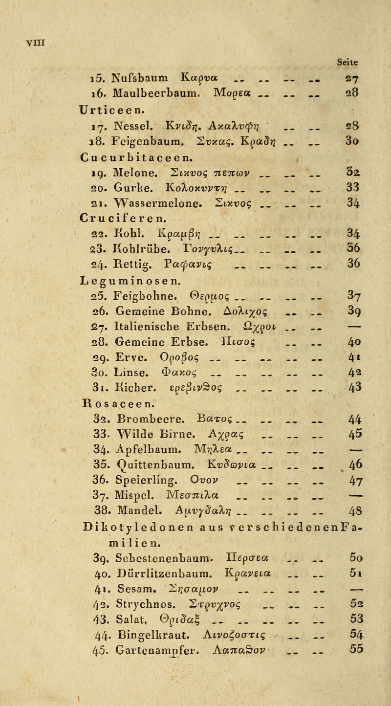 Seite i5. Nufsbaum Kupra _. mm .. _. 27 16. Maulbeerbaum. Mopea __ .. .. 28 Urticeen. 17. Nessel. YLvidri. Aaa\v(p-q „-_ ._ 28 18. Feigenbaum. 2«xag. Kpad7j .. .. 3o Cucurbitaceen. ig. Melone. IZikvoc, iteituiv .. 32 20. Gurke. KoTyOxvwri __ __ .. „ 33 21. Wassermelone. Xt^vog ._ .. _, 34 Cru eiferen. 22. Kohl. Kgapßiq „1 __ __ .. ... 34 23. Kohlrübe. Vovyvkig.^ ._ ._ .. 56 24. Rettig. Tacpaviq .. ._ .. .. 36 Leguminosen. 2.5. Feigbohne. Seppo^ __ r. .. ._ 37 26. Geraeine Bohne. AoXi^os .. .. 39 27. Italienische Erbsen. O>xpoi -- — 28. Gemeine Erbse. Tltcrog .. ._ 40 29. Erve. Opoßog ._ .. ._ l\i 30. Linse. <fraxog _. _. ., .. _. 42 3i. Kicher. egeßwSoq „ ._ r, ._ 43 Rosaceen. 3a. Brombeere. Baxos.. _. X 44 33. Wilde Birne. A^pa; I. _. __ 45 34. Apfelbaum. M^Xea __ _. — 35. Quittenbaum. Kvdcovia. _. ._ .• ( 46 36. Speierling. Ovov _. __ .. 4? 37. Mispel. MecrjuXoc ., .. _„ -— 38. Mandel. Afivy^aX?? 48 Dikotyledonen aus verschiedenenFa- m i 1 i e n. 39. Sebestenenbaum. Hepaea __ ... 5o 40. Dürrlitzenbaum. Kpa^eta .. .. 5i 4i. Sesam. S^aoc^ioi; .. .. .„ .- — 42. Strychnos. °2,Tpv%voq __ 52 43. Salat. %&$J ^ _. .. .. i. 53 44. Bingelkraut. Aivo^oarig .. .. ^4 45. Gartenampfer. AanaSov ._ .. 55