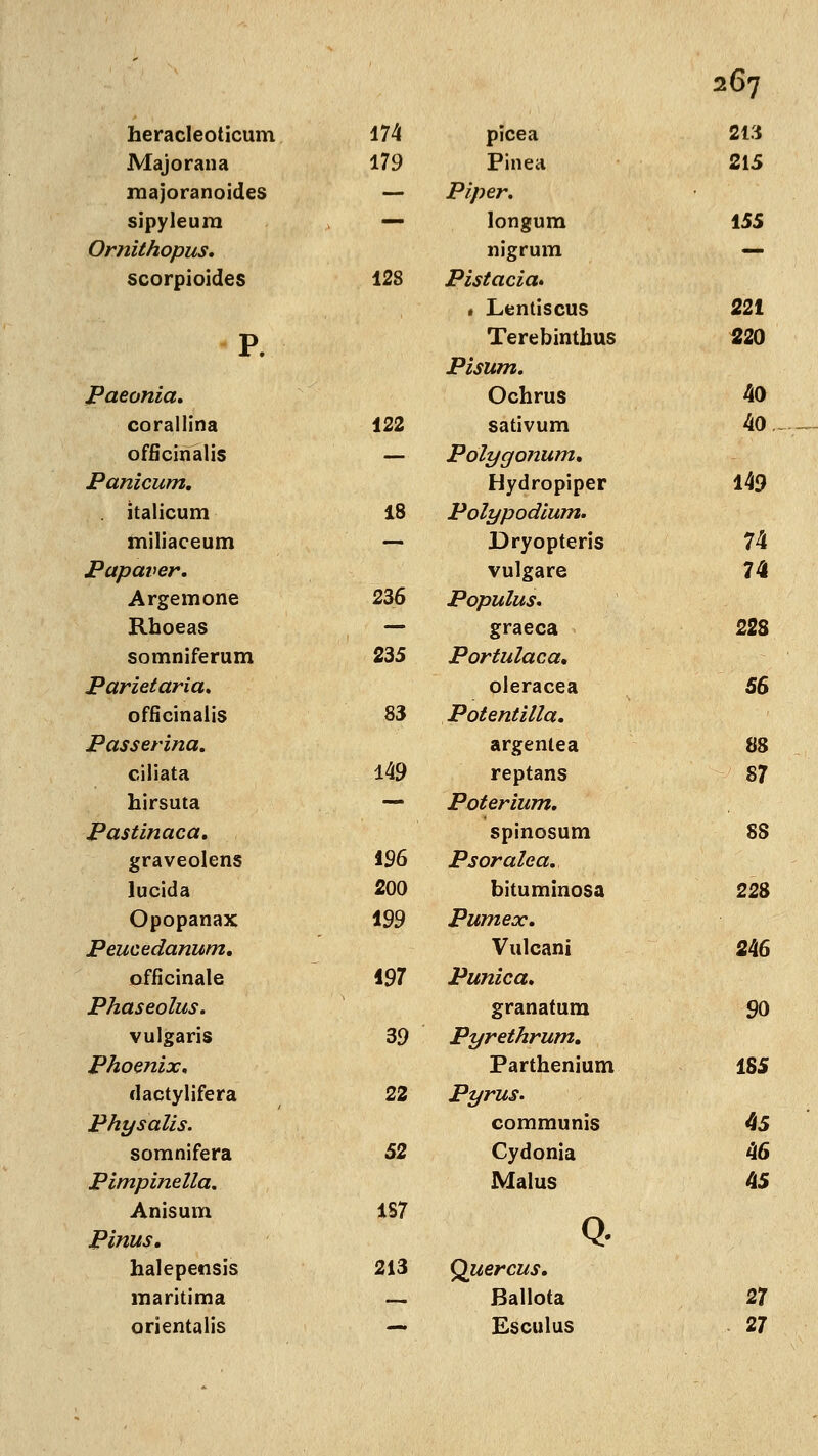 heracleoticum 174 picea 213 Majorana 179 Pinea 215 majoranoides — Piper. sipyleum — longum 155 Ornithopus. nigrum — scorpioides 128 Pistacia* , Lentiscus 221 P. Terebinthus 220 Pisum. JPaeonia. Ochrus 40 corallina 122 sativum 40 officinalis — Polygonum» Panicum. Hydropiper 149 . italicum 18 Polypodium. miliaceum — Dryopteris 74 Papaver. vulgare 74 Argemone 236 Populus. Rhoeas — graeca 228 somniferum 235 Portulaca* Parietaria. oleracea 56 officinalis 83 Potentilla. Passerina. argenlea 88 ciliata 149 reptans 87 hirsuta — Poterium. Pastinaca. spinosum 88 graveolens 196 Psoralea. lucida 200 bituminosa 228 Opopanax 199 Pumeoc. Peucedanwn, Vulcani 246 officinale 197 Punica. Phaseolus. granatum 90 vulgaris 39 Pyrethrum. Phoenix. Parthenium 185 dactylifera 22 Pyrus. Physalis. communis 45 somnifera 52 Cydonia 46 Pimpinella. Malus 45 Anisum 1S7 Q- Pinus, halepensis 213 Quercus. maritima — Ballota 27 orientalis —. Es etil us 27