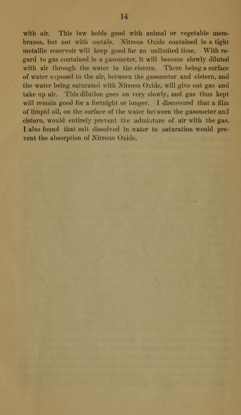 with air. This law holds good with animal or vegetable mem- branes, but not with metals. Nitrous Oxide contained in a tight metallic reservoir will keep good for an unlimited time. With re- gard to gas contained in a gasometer, it will become slowly diluted with air through the water in the cistern. There being a surface of water exposed to the air, between the gasometer and cistern, and the water being saturated with Nitrous Oxide, will give out gas and take up air. This dilution goes on very slowly, and gas thus kept will remain good for a fortnight or longer. I discovered that a film of limpid oil, on the surface of the water between the gasometer and cistern, would entirely prevent the admixture of air with the gas. I also found that salt dissolved in water to saturation would pre- vent the absorption of Nitrous Oxide. /