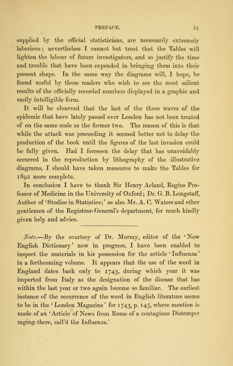 supplied hy the ofTicial statisticians, are necessarily extremely laborious; nevertheless I cannot but trust that the Tables will lighten the labour of future investigators, and so justify the time and trouble that have been expended in bringing them into their present shape. In the same way the diagrams will, I hope, be found useful by those readers who wish to see the most salient results of the officially recorded numbers displayed in a graphic and easily intelligible form. It will be observed that the last of the three waves of the epidemic that have lately passed over London has not been treated of on the same scale as the former two. The reason of this is that while the attack was proceeding it seemed better not to delay the production of the book until the figures of the last invasion could be- fully given. Had I foreseen the delay that has unavoidably occurred in the reproduction by lithography of the illustrative diagrams, I should have taken measures to make the Tables for 1892 more complete. In conclusion I have to thank Sir Henry Acland, Regius Pro- fessor of Medicine in the University of Oxford; Dr. G. B. Longstaff, Author of ' Studies in Statistics;' as also Mr. A. C. Waters and other gentlemen of the Registrar-General's department, for much kindly given help and advice. JVote.—By the courtesy of Dr. Murray, editor of the ' New English Dictionary' now in progress, I have been enabled to inspect the materials in his possession for the article ' Influenza' in a forthcoming volume. It appears that the use of the word in England dates back only to 1743, during which year it was imported from Italy as the designation of the disease that has within the last year or two again become so familiar. The earliest instance of the occurrence of the word in English literature seems to be in the ' London Magazine' for 1743, p. 145, where mention is made of an 'Article of News from Rome of a contagious Distemper raging there, call'd the Influenza.'