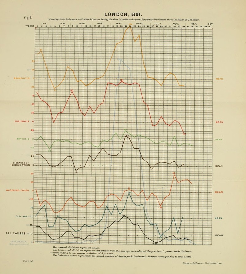 Mortalii*'irom.Inf7juenx^ and a&\erItiaeases Stiruig th& Hrst 34\*Belts of^ieyear, Ferc^^ta^&Devuttujns -froTn t'he.Mean.afTen'SiaTS. E.UMONIA 0 PHTHISIS 0 WHOOPING-COUGH 0 OLD AGE 0 ALL CAUSES O i^ vertifal diyisions represent weeJts. ZTu- horizontal Jmsions ref,re.,f„t atpa,lur<^ iram A« a,«-ay» mortality of <h^prerioxu, 5 years:au!h Ji^-Oiion MiT-eapoTiatinfl tc an ea-oe«, or- dd'a-r of 5per cmt,. Tlulnnumm curve repreaent^ the actual manher of deagit,each horUontal aiyUion ca-re^anSng to thret doA,.