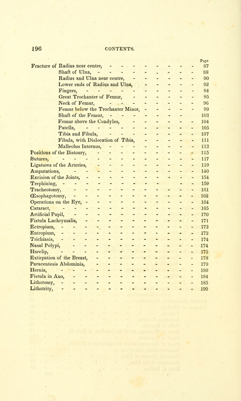 Page Fracture of Radius near centre, --------87 Shaft of Ulna, -.---.--- 88 Radius and Ulna near centre, ------ 90 Lower ends of Radius and Ulna, ----- 92 Fingers, ---------- 94 Great Trochanter of Femur, ------ 95 Neck of Femur, --- 96 Femur below the Trochanter Minor, ----- 99 Shaft of the Femur, 103 Femur above the Condyles, -_-_-_ 104 Patella, 105 Tibia and Fibula, - 107 Fibula, with Dislocation of Tibia, - - - - - 111 Malleolus Internus, - - - - - - - -113 Positions of the Bistoury, - - - - - - - - -115 Sutures, - - - - - - - -- - - -117 Ligatures of the Arteries, _________ jig Amputations, _--_____-__ 140 Excision of the Joints, -__-_----- 154 Trephining, --------- -- 159 Tracheotomy, ------_-___iq1 CEsophagotomy, -_-__-_-___ i62 Operations on the Eye, _--------- 164 Cataract, _--_-----___ i65 Artificial Pupil, 170 Fistula Lachrymalis, ---------- 171 Ectropium, ------------ 173 Entropium, ------------ 173 Trichiasis, -_--------__ 174 Nasal Polypi, ___-----___ 174 Harelip, ------------ 175 Extirpation of the Breast, _-----__- 173 Paracentesis Abdominis, _---_--_- 179 Hernia, -_-_-180 Fistula in Ano, ----------- 134 Lithotomy, ------------ 185 Lithotrity, ------------190