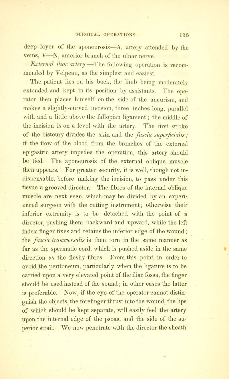 deep layer of the aponeurosis—A, artery attended by the veins, V—N, anterior branch of the ulnar nerve. External iliac artery.—The following operation is recom- mended by Velpeau, as the simplest and easiest. The patient lies on his back, the limb being moderately extended and kept in its position by assistants. The ope- rator then places himself on the side of the aneurism, and makes a slightly-curved incision, three inches long, parallel with and a little above the fallopian ligament; the middle of the incision is on a level with the artery. The first stroke of the bistoury divides the skin and the fascia superficialis ; if the flow of the blood from the branches of the external epigastric artery impedes the operation, this artery should be tied. The aponeurosis of the external oblique muscle then appears. For greater security, it is well, though not in- dispensable, before making the incision, to pass under this tissue a grooved director. The fibres of the internal oblique muscle are next seen, which may be divided by an experi- enced surgeon with the cutting instrument; otherwise their inferior extremity is to be detached with the point of a director, pushing them backward and upward, while the left index finger fixes and retains the inferior edge of the wound; the fascia transfer sails is then torn in the same manner as far as the spermatic cord, which is pushed aside in the same direction as the fleshy fibres. From this point, in order to avoid the peritoneum, particularly when the ligature is to be carried upon a very elevated point of the iliac fossa, the finger should be used instead of the sound; in other cases the latter is preferable. Now, if the eye of the operator cannot distin- guish the objects, the forefinger thrust into the wound, the lips of which should be kept separate, will easily feel the artery upon the internal edge of the psoas, and the side of the su- perior strait. We now penetrate with the director the sheath