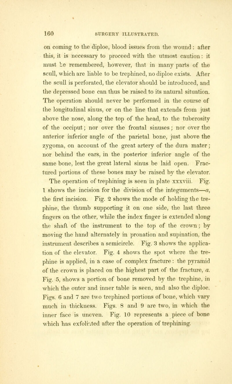 on coming to the diploe, blood issues from the wound : after this, it is necessary to proceed with the utmost caution: it must be remembered, however, that in many parts of the scull, which are liable to be trephined, no diploe exists. After the scull is perforated, the elevator should be introduced, and the depressed bone can thus be raised to its natural situation. The operation should never be performed in the course of the longitudinal sinus, or on the line that extends from just above the nose, along the top of the head, to the tuberosity of the occiput; nor over the frontal sinuses; nor over the anterior inferior angle of the parietal bone, just above the zygoma, on account of the great artery of the dura mater; nor behind the ears, in the posterior inferior angle of the same bone, lest the great lateral sinus be laid open. Frac- tured portions of these bones may be raised by the elevator. The operation of trephining is seen in plate xxxviii. Fig. I shows the incision for the division of the integuments—a, the first incision. Fig. 2 shows the mode of holding the tre- phine, the thumb supporting it on one side, the last three fingers on the other, while the index finger is extended along the shaft of the instrument to the top of the crown; by moving the hand alternately in pronation and supination, the instrument describes a semicircle. Fig. 3 shows the applica- tion of the elevator. Fig. 4 shows the spot where the tre- phine is applied, in a case of complex fracture: the pyramid of the crown is placed on the highest part of the fracture, a. Fig. 5, shows a portion of bone removed by the trephine, in which the outer and inner table is seen, and also the diploe. Figs. 6 and 7 are two trephined portions of bone, which vary much in thickness. Figs. 8 and 9 are two, in which the inner face is uneven. Fig. 10 represents a piece of bone which has exfoliated after the operation of trephining.