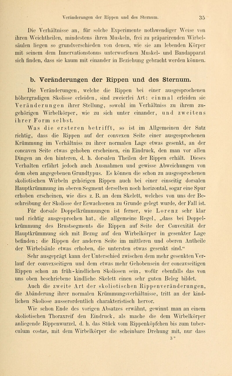 Die Verhältnisse an, für solche Experimente notwendiger Weise von ihren Weichtheilen, mindestens ihren Muskeln, frei zu präparirenden Wirbel- säulen liegen so grundverschieden von denen, wie sie am lebenden Körper mit seinem dem Innervationstonus unterworfenen Muskel- und Bandapparat sich finden, dass sie kaum mit einander in Beziehung gebracht werden können. b. Veränderungen der Rippen und des Sternum. Die Veränderungen, welche die Eippen bei einer ausgesprochenen höhergradigen Skoliose erleiden, sind zweierlei Art: einmal erleiden sie Veränderungen ihrer Stellung, sowohl im Verhältniss zu ihrem zu- gehörigen Wirbelkörper, wie zu sich unter einander, und zweitens ihrer Form selbst. Was die ersteren betrifft, so ist im Allgemeinen der Satz richtig, dass die Bippen auf der convexen Seite einer ausgesprochenen Krümmung im Verhältniss zu ihrer normalen Lage etwas gesenkt, an der coneaven Seite etwas gehoben erscheinen, ein Eindruck, den man vor allen Dingen an den hinteren, d. h. dorsalen Theilen der Rippen erhält. Dieses Verhalten erfährt jedoch auch Ausnahmen und gewisse Abweichungen von dem oben angegebenen Grundtypus. Es können die schon zu ausgesprochenen skoliotischen Wirbeln gehörigen Bippen auch bei einer einseitig dorsalen Hauptkrümmung im oberen Segment derselben noch horizontal, sogar eine Spur erhoben erscheinen, wie dies z. B. an dem Skelett, welches von uns der Be- schreibung der Skoliose der Eewachsenen zu Grunde gelegt wurde, der Fall ist. Für dorsale Doppelkrümmungen ist ferner, wie Lorenz sehr klar und richtig ausgesprochen hat, die allgemeine Regel, „dass bei Doppel- krümmung des Brustsegments die Rippen auf Seite der Convexität der Hauptkrümmung sich mit Bezug auf den Wirbeikörper in gesenkter Lage befinden; die Rippen der anderen Seite im mittleren und oberen Antheile der Wirbelsäule etwas erhoben, die untersten etwas gesenkt sind. Sehr ausgeprägt kann der Unterschied zwischen dem mehr gesenkten Ver- lauf der convexseitigen und dem etwas mehr Gehobensein der coneavseitigen Rippen schon an früh - kindlichen Skoliosen sein, wofür ebenfalls das von uns oben beschriebene kindliche. Skelett einen sehr guten Beleg bildet. Auch die zweite Art der skoliotischen Rippenveränderungen, die Abänderung ihrer normalen Krümmungsverhältnisse, tritt an der kind- lichen Skoliose ausserordentlich charakteristisch hervor. Wie schon Ende des vorigen Absatzes erwähnt, gewinnt man an einem skoliotischen Thoraxreif den Eindruck, als mache die dem Wirbelkörper anliegende Rippenwurzel, d. h. das Stück vom Rippenköpfchen bis zum tuber- culum costae, mit dem Wirbelkörper die scheinbare Drehung mit, nur dass 3*