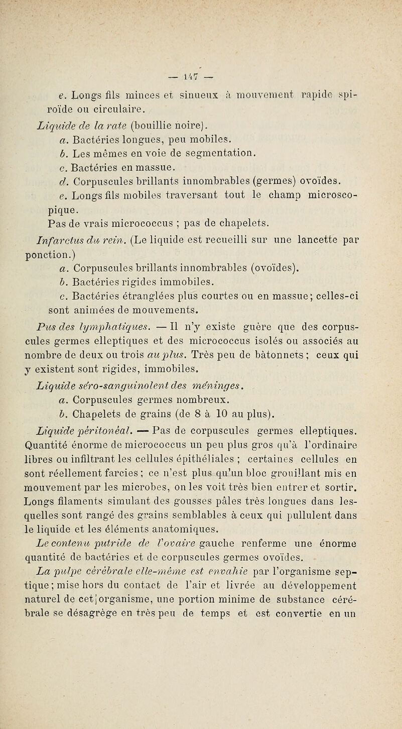 e. Longs fils minces et sinueux h mouvement rapide spi- roïde ou circulaire. Liquide de la rate (bouillie noire). a. Bactéries longues, peu mobiles. h. Les mêmes envoie de segmentation, c. Bactéries en massue. d. Corpuscules brillants innombrables (germes) ovoïdes. e. Longs fils mobiles traversant tout le champ microsco- pique. Pas de vrais micrococcus ; pas de chapelets. Infarctus du rein. (Le liquide est recueilli sur une lancette par ponction.) a. Corpuscules brillants innombrables (ovoïdes). b. Bactéries rigides immobiles. c. Bactéries étranglées plus courtes ou en massue; celles-ci sont animées de mouvements. Pus des lymphatiques. — Il n'y existe guère que des corpus- cules germes elleptiques et des micrococcus isolés ou associés au nombre de deux ou trois aupilus. Très peu de bâtonnets ; ceux qui y existent sont rigides, immobiles. Liquide sero-sanguinolentdes méninges. a. Corpuscules germes nombreux. h. Chapelets de grains (de 8 à 10 au plus). Liquide'péritonéal.—Pas de corpuscules germes elleptiques. Quantité énorme de micrococcus un peu plus gros qu'à l'ordinaire libres ou infiltrant les cellules épithéliales ; certaines cellules en sont réellement farcies ; ce n'est plus qu'un bloc grouillant mis en mouvement par les microbes, on les voit très bien entrer et sortir. Longs filaments simulant des gousses pâles très longues dans les- quelles sont rangé des grains semblables à ceux qui pullulent dans le liquide et les éléments anatomiques. Le contenu putride de Vovaire gauche renferme une énorme quantité de bactéries et de corpuscules germes ovoïdes. La 'pul2:te cérébrale elle-même est envahie par l'organisme sep- tique ; mise hors du contact de l'air et livrée au développement naturel de cet]organisme, une portion minime de substance céré- brale se désagrège en très peu de temps et est convertie en un