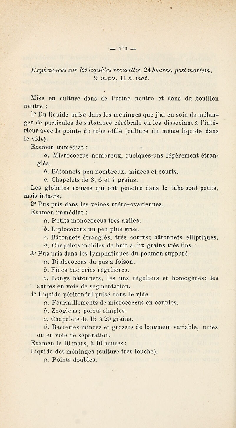 Expériences sur les liquides recueillis, 24 heures, post mortem, 9 7nars, 11 h. mat. Mise en culture dans de l'urine neutre et dans du bouillon neutre : 1° Du liquide puisé dans les méninges que j'ai eu soin de mélan- ger de particules de substance cérébrale en les dissociant à l'inté- rieur avec la pointe du tube effilé (culture du même liquide dans le vide). Examen immédiat : a. Micrococcus nombreux, quelques-uns légèrement étran- glés. b. Bâtonnets peu nombreux, minces et courts. c. Chapelets de 3, 6 et 7 grains. Les globules rouges qui ont pénétré dans le tube sont petits, mais intacts. 2 Pus pris dans les veines utéro-ovariennes. Examen immédiat : a. Petits monococcus très agiles. b. Diplococcus un peu plus gros. e. Bâtonnets étranglés, très courts; bâtonnets elliptiques, d. Chapelets mobiles de huit à dix grains très fins. 3 Pus pris dans les lymphatiques du poumon suppuré. a. Diplococcus du pus à foison. b. Fines bactéries régulières. c. Longs bâtonnets, les uns réguliers et homogènes; les autres en voie de segmentation. \° Liquide péritonéal puise dans le vide. a. Fourmillements de micrococcus en couples. h. Zoogleas; points simples. c. Chapelets de 15 à 20 grains. d. Bactéries minces et grosses de longueur variable, unies ou en voie de séparation. Examen le 10 mars, à 10 heures : Liquide des méninges (culture très louche). a. Points doubles.