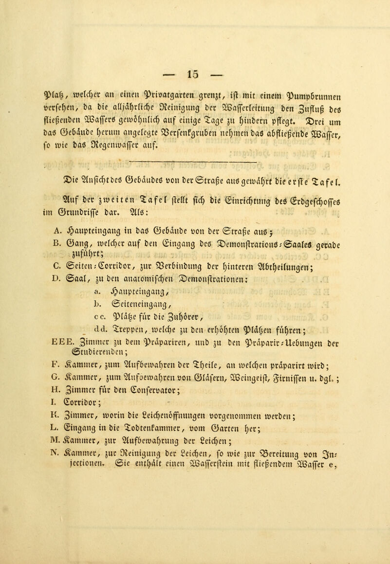 9)ra|, mlä)a m einen ^riüatgarten grenjt, tj! mit einem ^umpBtunnen t?etfef)en, i)Ci bie adjd^rftc^e Dieinigunfj t)cc ^afferleitung t)en 3uflu^ teö Pie^enöen aiSaj^erö (je\vof)nac^ auf einige 'Ja^e ju ^inbern pjTe^t» ^rei um baö 0e6dube ()enun angefegte 23ecfenf(jvu6en nef)men baö a6pe^ent>c 5ö3aj]er, fo it)ie baö Ovegeniuaffec auf« ^ie ^üijTc^tbeß ©e6dut»e6 tjon terStra^e au6(jeivd^r( ticerflc 5afet« 5luf bec 5it)eiten tafc'rfTeat fic^ bk (Sinnc^tuncj beö (Jrbgefc^ofi'eö im ©nrnbciffe hat* 5((6: A. ^aupteingancj in t)ci^ ©e6dnbe üon bec ©tra^e auö} B. ©ang, it)efcr)er auf ben ^in^ang beö X)emonfirationö.'@aare3 gecabe . 5ufül)rt; C. (Seiten ;Sombor, jur ^^erbinbung ber f)interen ^bt^eifungen; D. ©aal/ §u ben anatomifc^en 2)emon|^cationen: ... a. .^auptetngang, h. ©etteneingang, c c. ^(d|e füc i)k 3u^6rer, dd. treppen, i^)eld}e ju ben erl)6()fen ^Id|en fuf)ren; EEE. 3^nimer ^u bem ^rdpaciren, unb ^u t)sn ^^cdpartr^Uebungen ber ©tubiereuben; F. Kammer, jum ^uf6ewaf)ren ber ^l)etfe, an welchen prdparirt mrb; G. Kammer, jum ^ufüeixial)ren yon ©Idfern, ^eingetlT, Jirniffen tu t^U ; H. 3iittifi^ fwt ben (Sonfcrüator; I. (Eorribor; K. 2^mmit, woxin tu Leichenöffnungen vorgenommen it)erben; L. (Eingang in bie ^obtenfammer, t?om ©arten ^er; M. .Kammer, jur ^uf6ewal)rung ber ßeid)en; N. iSvammer, juc Oieinigung ber Leichen, fo wk jur Bereitung üon ^n? jectionen. (Sie ent()d(t einen ^^aj^erfiein mit jTie^enbem Qiöaffer e,