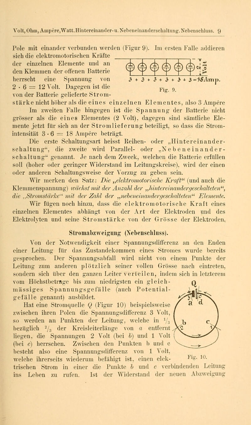 Pole mit einander verbunden werden (Figur 9). Im ersten Falle addieren sich die elektromotorischen Kräfte ____^__^__^_^__^__^ _ der einzelnen Elemente und an A\ A\ As /j^ A\ A\ > ;:i den Klemmen der offenen Batterie T T T T T T 1^ herrscht eine Spannung- von 3 + 3 + 3+3 + 3 + 3=1>5Amp- 2 • 6 = 12 Volt. Dagegen ist die P^^ g von der Batterie gelieferte Strom- stärke nicht höher als die eines einzelnen Elementes, also 3 Ampere Im zweiten Falle hingegen ist die Spannung der Batterie nicht grösser als die eines Elementes (2 Volt), dagegen sind sämtliche Ele- mente jetzt für sich an der Stromlieferung beteiligt, so dass die Strom- intensität 3-6 = 18 Ampere beträgt. Die erste Schaltungsart heisst Reihen- oder „Hintereinander- schaltung, die zweite wird Parallel- oder „Nebeneinander- schaltung genannt. Je nach dem Zweck, welchen die Batterie erfüllen soll (hoher oder geringer Widerstand im Leitungskreise), wird der einen oder anderen Schaltungsweise der Vorzug zu geben sein. Wir merken den Satz: Die „eleJäromotorische Kraft (und auch die Klemmenspannung) luächsi mit der Anzahl der „liinter einander geschalteten, die ,,StromstcirJce'' mit der Zahl der „nebeneinandergeschalteten Elemente. Wir fügen noch hinzu, dass die elektromotorische Kraft eines einzelnen Elementes abhängt von der Art der Elektroden und des Elektrolyten und seine Stromstärke von der Grösse der Elektroden, Stromabzweigimg (Nebenschluss). Von der Notwendigkeit einer Spannungsdifferenz an den Enden einer Leitung für das Zustandekommen eines Stromes wurde bereits gesprochen. Der Spannungsabfall wird nicht von einem Punkte der Leitung zum anderen plötzlich seiner vollen Grösse nach eintreten, sondern sich über den ganzen Leiter verteilen, indem sich in letzterem vom Höchstbetrage bis zum niedrigsten ein gleich- mässiges Spannungsgefälle (auch Potential- gefälle genannt) ausbildet. Hat eine Stromquelle Q (Figur 10) beispielsweise zwischen ihren Polen die Spannungsdifferenz 3 Volt, so werden an Punkten der Leitung, welche in Ys bezüglich ^/^ der Kreisleiterlänge von a entfernt liegen, die Spannungen 2 Volt (bei h) und 1 Volt (bei c) herrschen. Zwischen den Punkten b und c besteht also eine Spannungsdifferenz von 1 Volt, welche ihrerseits wiederum befähigt ist, einen elek- ^^S- 10. trischen Strom in einer die Pmikte h und c verbindenden Leitimg ins Leben zu rufen. Ist der Widerstand der neuen Abzweigung