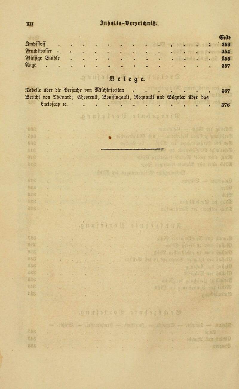 3^ 3nHltf-D(0(t4)nt§. ©eite Stnjjffloff , . . ; 353 grut^tmoffcr 354 Süffige (Stühle 85S Sluge 357 S5 c I e g c. XabtUt äbtt bic SJerfuc^c »on IWilc^inicctwn 067 SerltJ^t »on il^^enarb, ß^eöreuil, Soufjxngault, 0legnawtt unb ©egnter w^et ba« Sactofco)) K. 376