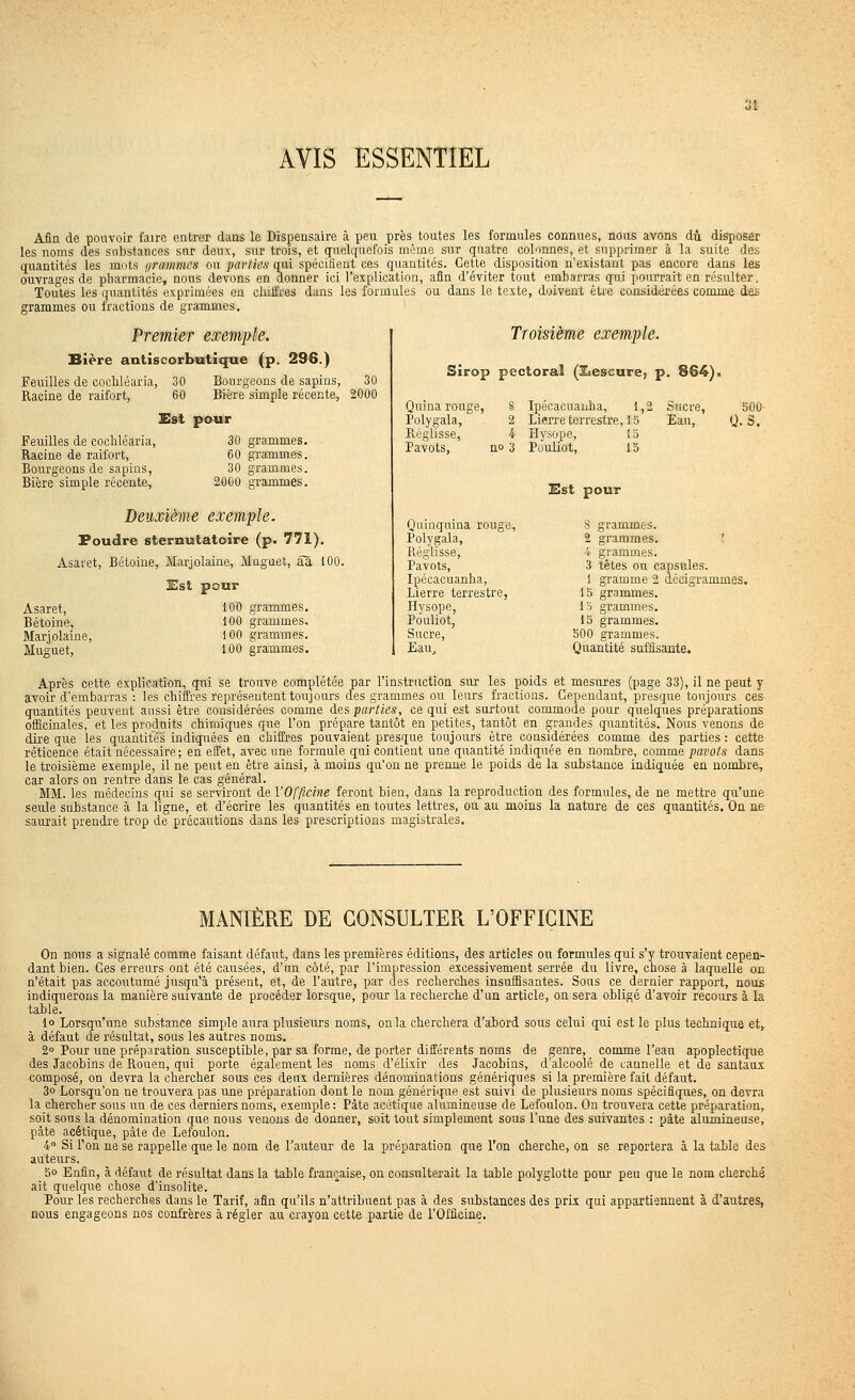 AVIS ESSENTIEL Afin de pouvoir faire entrer dans le Dispensaire à peu près toutes les formules connues, nous avons dû disposer les noms des substances sur deux, sur trois, et quelquefois même sur quatre colonnes, et supprimer à la suite de.-i quantités les mots i/ranwics ou par/les qui spécifient ces quantités. Cette disposition n'existant pas encore dans les ouvrages de pliarma'cie, nous devons en donner ici l'explication, afin d'éviter tout embarras qui pourrait en résulter. ■Toutes les quantités exprimées en chiffres dans les formules ou dans le teste, doivent être considérées comme des grammes ou fractions de grammes. Premier exemple. Bière antîscorbutique (p. 296.) Feuilles de cocbléaria, Racine de raifort. Bourgeons de sapins, 30 Bière simple récente, 2000 Dst pour Feuilles de cocbléaria, Racine de raifort. Bourgeons de sapins, Bière simple récente, 30 grammes. 60 grammes. 30 grammes. 2000 grammes. Deuxième exemple. Poudre sternutatoire (p. 771). Asaret, Bétoine, Marjolaine, Muguet, ââ 100. £Ist pour Asaret, Bétoine, Marjolaine, Muguet, 100 grammes. 100 grammes, 100 grammes. 100 grammes. Troisième exemple. Sirop pectoral (Ziescure, p. 864). Qnina rouge, § Ipécacuauba, 1,2 Sucre, Polygala, 2 Lierre terrestre, 15 Eau, Réglisse, 4 Ilysope, 13 Pavots, E» 3 Pouliot, 15 500 U.S. Quinquina rouge, Polygala, Réglisse, Pavots, Ipécacuanba, Lierre terrestre, Hysope, Pouliot, Sucre, Eau, Sst pour 8 grammes. 2 grammes. '. 4 grammes. 3 têtes ou capsules. 1 gramme 2 décigrammes. 15 grammes. 15 grammes. 15 grammes. 500 grammes. Quantité suffisante. Après cette explication, qui se trouve complétée par l'instraction sur les poids et mesures (page 33), il ne peut y avoir d'embarras : les chiffres représentent toujours des grammes ou leurs fractions. Cependant, presque toujours ces quantités peuvent aussi être considérées comme des parties, ce qui est surtout commode pour quelques préparations officinales, et les produits chimiques que l'on prépare tantôt en petites, tantôt en grandes quantités. Nous venons de dire que les quantités indiquées en chiffres pouvaient presque toujours être considérées comme des parties : cette réticence était nécessaire; en effet, avec une formule qui contient une quantité indiquée en nombre, comme pavois dans le troisième exemple, il ne peut en être ainsi, à moins qu'on ne prenne le poids de la substance indiquée en uomlire, car alors on rentre dans le cas général. MM. les médecins qui se serviront de l'Officine feront bien, dans la reproduction des formules, de ne mettre qu'une seule substance à la ligne, et d'écrire les quantités en toutes lettres, ou au moins la nature de ces quantités. On ne saurait prendre trop de précautions dans les prescriptions magistrales. MANIÈRE DE CONSULTER L'OFFICINE On nous a signalé comme faisant défaut, dans les premières éditions, des articles ou formules qui s'y trouvaient cepen- dant bien. Ces erreurs ont été causées, d'un côté, par l'impression excessivement serrée du livre, chose à laquelle on n'était pas accoutumé jusqu'à présent, et, de l'autre, par des recherches insuffisantes. Sous ce dernier rapport, nous indiquerons la manière suivante de procéder lorsque, pour la recherche d'un article, on sera obligé d'avoir recours à la table. lo Lorsqu'une substance simple aura plusieurs noms, on la cherchera d'abord sous celui qui est le plus technique et, à défaut de résultat, sous les autres noms. 2° Pour une préparation susceptible, par sa forme, de porter différents noms de genre, comme l'eau apoplectique des Jacobins de Rouen, qui porte également les noms d'élixir des Jacobins, d'alcoolé de cannelle et de santaux composé, on devra la chercher sous ces deux dernières dénominations génériques si la première fait défaut. 3» Lorsqu'on ne trouvera pas une préparation dont le nom générii^ie est suivi de plusieurs noms spécifiques, on devra la chercher sous un de ces derniers noms, exemple : Pâte acétique alumineuse de Lefoulon. On trouvera cette préparation, soit sous la dénomination que nous venons de donner, soit tout simplement sous l'une des suivantes : pâte alumineuse, pâte acétique, pâte de Lefoulon. 4° Si l'on ne se rappelle que le nom de l'auteur de la préparation que l'on cherche, on se reportera à la table des auteurs. 5o Enfin, à défaut de résultat dans la table française, on consulterait la table polyglotte pour peu que le nom cherché ait quelque chose d'insolite. Pour les recherches dans le Tarif, afin qu'ils n'attribuent pas à des substances des prix qui appartiennent à d'autres, nous engageons nos confrères à régler au crayon cette partie de l'Officine.