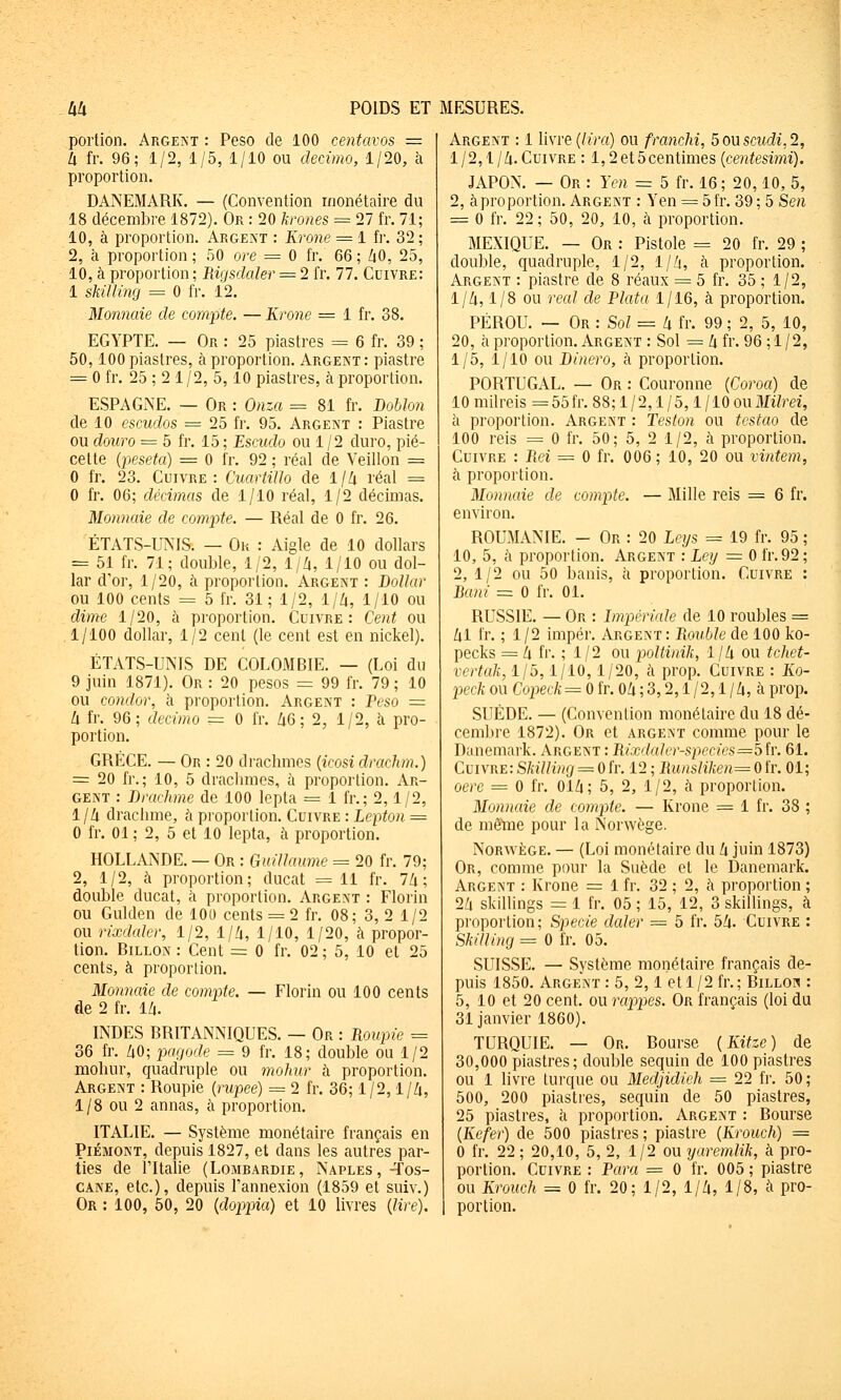 portion. Argeint : Peso de 100 centavos = Ix fr. 96; 1/2, 1/5, 1/10 ou clecimo, 1/20, à proportion. DANEMARK. — (Convention monétaire du 18 décembre 1872). Or : 20 Atones = 27 fr. 71; 10, à proportion. Argem : Krone = 1 fr. 32; 2, à proportion ; 50 ore = 0 fr. 66 ; 40, 25, 10, à proportion ; Rigsdaler = 2 fr. 77. Cuivre: 1 skiUing = 0 fr. 12. Monnaie de compte. — Krone = 1 fr. 38. EGYPTE. — Or : 25 piastres = 6 fr. 39 ; 50,100 piastres, à proportion. Argent: piastre = 0 fr. 25 ; 2 1/2, 5,10 piastres, à proportion. ESPAGNE. — Or : Onza = 81 fr. Doblon de 10 escudos = 25 fr. 95. Argent : Piastre ou douro = 5 fr. 15 ; Escudo ou 1 /2 duro, pié- cette (peseta) = 0 fr. 92 ; réal de Veillon = 0 fr. 23. Cuivre: Cuartillo de 1/4 réal = 0 fr. 06; décimas de 1/10 réal, 1/2 décimas. Monnaie de compte. — Réal de 0 fr. 26. ÉTATS-UNIS. — Ok : Aigle de 10 dollars = 51 fr. 71; double, 1/2, 1/4, 1/10 ou dol- lar d'or, 1/20, à proportion. Argent : Dollar ou 100 cents = 5 fr. 31; 1/2, 1/4, 1/10 ou dime 1/20, à proportion. Cuivre: Cent ou 1/100 dollar, 1/2 cent (le cent est en nickel). ÉTATS-UNIS DE COLOMBIE. — (Loi du 9 juin 1871). Or : 20 pesos = 99 fr. 79; 10 ou condor, à proportion. Argent : Teso = 4 fr. 96; dccimo = 0 fr. 46 ; 2, 1/2, à pro- portion. GRÈCE. — Or : 20 di'achmes (icosi drachm.) = 20 fr. ; 10, 5 drachmes, à proportion. Ar- gent : Drachme de 100 lepla = 1 fr.; 2,1/2, 1/4 drachme, à proportion. Cuivre : Lepton = 0 fr. 01 ; 2, 5 et 10 lepta, à proportion. HOLLANDE. — Or : Guillaume = 20 fr. 79; 2, 1/2, à proportion; ducat =11 fr. 74; double ducat, à proportion. Argent : Florin ou Gulden de 100 cents = 2 fr. 08; 3, 2 1/2 ou rixdaler, 1/2, 1/Zi, 1/10, 1/20, à propor- tion. BiLLON : Cent = 0 fr. 02 ; 5, 10 et 25 cents, à proportion. Monnaie de compte. — Florin ou 100 cents de 2 fr. 14. INDES BRITANNIQUES. — Or : Roupie -= 36 fr. 40; pagode = 9 fr. 18; double ou 1/2 mohur, quadruple ou mohnr à proportion. Argent : Roupie (rupee) = 2 fr. 36; 1/2,1/4, 1/8 ou 2 annas, à proportion. ITALIE. — Système monétaire français en Piémont, depuis 1827, et dans les autres par- ties de l'Italie (Lomrardie, Naples, -Tos- cane, etc.), depuis l'annexion (1859 et suiv.) Or : 100, 50, 20 [doppia) et 10 livres {lire). Argent : 1 livre (/ù'a) ou franchi, 5 ou scttdé, 2, 1/2,1/4. Cuivre : 1,2 et 5centimes {centesimi). JAPON. — Or : Yen = 5 fr. 16; 20,10, 5, 2, à proportion. Argent : Yen = 5fr. 39 ; 5 Sen = 0 fr. 22 ; 50, 20, 10, à proportion. MEXIQUE. — Or : Pistole =20 fr. 29 ; double, quadruple, 1/2, ijh, à proportion. Argent : piastre de 8 réaux = 5 fr. 35 ; 1/2, 1/4,1/8 ou real de Plata 1/16, à proportion. PÉROU. — Or: Sol = Il fr. 99 ; 2, 5, 10, 20, à proportion. Argent : Sol = 4 fr. 96 ; 1 /2, 1/5, 1/10 ou Bine-ro, à proportion. PORTUGAL. — Or : Couronne {Coroa) de 10 milreis =55fr. 88; 1/2,1/5,1/10 owMilrei, à proportion. Argent : Teston ou testao de 100 reis = 0 fr. 50; 5, 2 1/2, à proportion. Cuivre : Eei = 0 fr. 006; 10, 20 ou vintem, à proportion. Monnaie de compte. — Mille reis = 6 fr. environ. ROUMANIE. - Or : 20 Leys = 19 fr. 95 ; 10, 5, à proportion. Argent : Lctj = 0 fr. 92; 2, 1/2 ou 50 banis, à proportion. Cuivre : Bani = 0 fr. 01. RUSSIE. — Or : Impériale de 10 roubles = 41 fr. ; 1/2 impér. Argent: Rouble de 100 ko- pecks = 4 fr. ; 1/2 ou poliinik, 1/4 ou tchet- vcrtaJi, 1/5,1/10,1/20, à prop. Cuivre : Ko- peck ou Copeck = 0 fr. 04 ; 3,2,1 /2,1 / 4, à prop. SUÉDE. — (Convention monétaire du 18 dé- cembre 1872). Or et argent comme pour le Danemark. Argent : Rixdaler-siwcies=5 fr. 61. Cvivre: Skilling = 0fr. 12 ; Runslihen= 0fr. 01; oere = 0 fr. 014; 5, 2, 1/2, à proportion. Monnaie de compte. — Krone = 1 fr. 38 ; de mê'me pour la iXorwège. NoRWÈGE. — (Loi monétaire du 4 juin 1873) Or, comme pour la Suède et le Danemark. Argent : Krone = 1 fr. 32 ; 2, à proportion ; 24 skillings = 1 fr. 05 ; 15, 12, 3 skillings, à pi'oportion; Specie dater = 5 fr. 54. Cuivre : SkiUing = 0 fr. 05. SUISSE. — Système monétaire français de- puis 1850. Argent : 5, 2,1 et 1/2 fr.; Billom : 5, 10 et 20 cent, ou rappes. Or français (loi du 31 janvier 1860). TURQUIE. — Or. Bourse {Kitze) de 30,000 piastres; double sequin de 100 piastres ou 1 livre turque ou Medjidieh = 22 fr. 50 ; 500, 200 piastres, sequin de 50 piastres, 25 piastres, à proportion. Argent : Bourse [Kefer) de 500 piastres; piastre {Krouch) = 0 fr. 22 ; 20,10, 5, 2, 1/2 ou yaremlik, à pro- portion. Cuivre : Para = 0 fr. 005 ; piastre ou Krouch = 0 fr. 20; 1/2, 1/4, 1/8, à pro- portion.