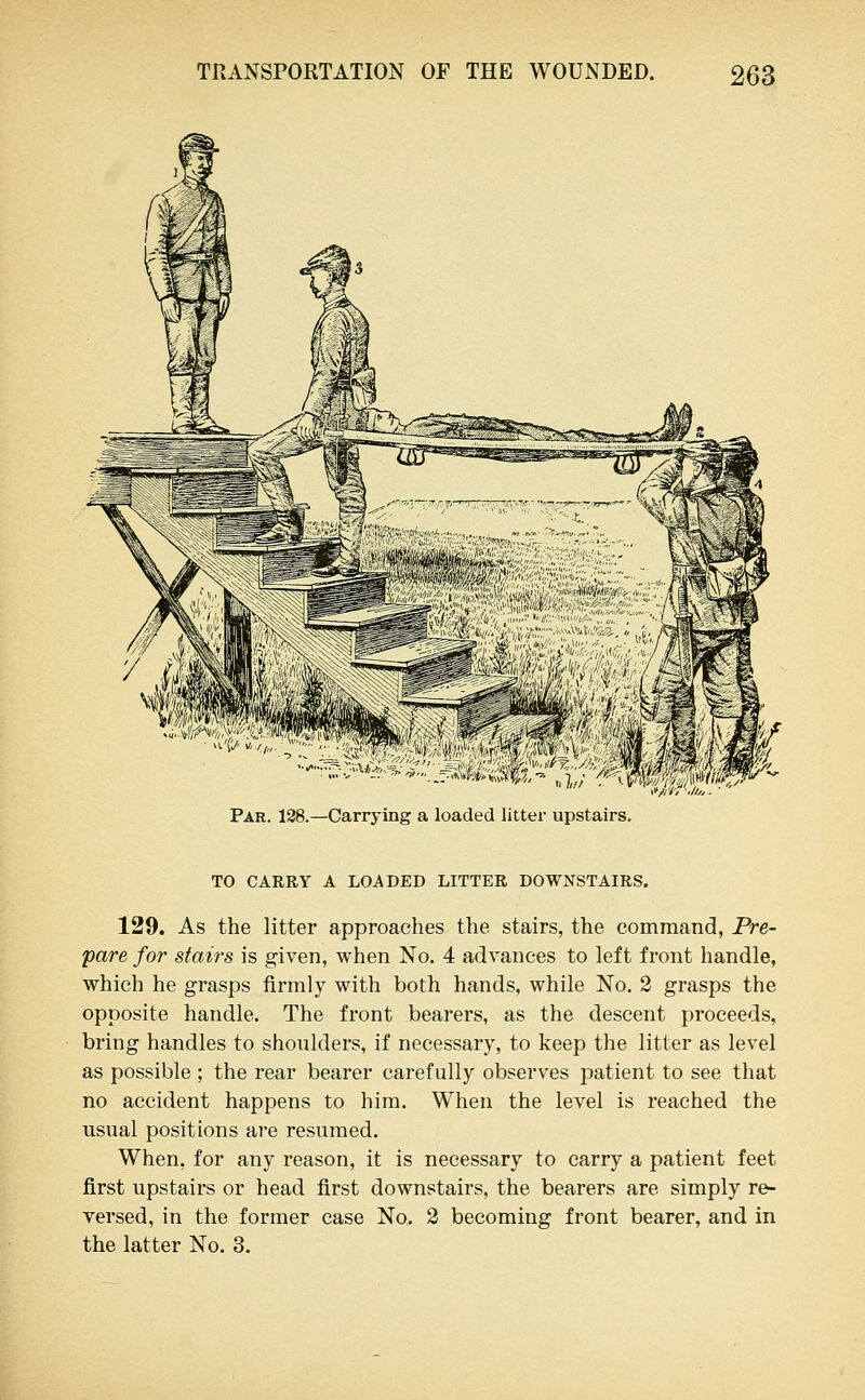 \u\^l[P\^l'l,\) Par. 128.—Carrying a loaded litter upstairs. TO CARRY A LOADED LITTER DOWNSTAIRS. 129. As the litter approaches the stairs, the command, Pre- pare for stairs is given, when No. 4 advances to left front handle, which he grasps firmly with both hands, while No. 2 grasps the opposite handle. The front bearers, as the descent proceeds, bring handles to shoulders, if necessary, to keep the litter as level as possible ; the rear bearer carefully observes patient to see that no accident happens to him. When the level is reached the usual positions are resumed. When, for any reason, it is necessary to carry a patient feet first upstairs or head first downstairs, the bearers are simply re- versed, in the former case No. 2 becoming front bearer, and in the latter No. 3.