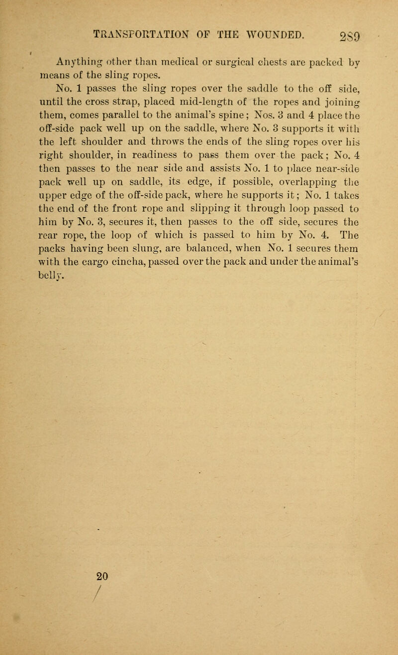 Anything other than medical or surgical chests are packed by means of the sling ropes. No. 1 passes the sling ropes over the saddle to the off side, until the cross strap, placed mid-length of the ropes and joining them, comes parallel to the animal's spine; Nos. 3 and 4 place the off-side pack well up on the saddle, where No. 3 supports it with the left shoulder and throws the ends of the sling ropes over his right shoulder, in readiness to pass them over the pack; No. 4 then passes to the near side and assists No. 1 to place near-side pack well up on saddle, its edge, if possible, overlapping the upper edge of the off-side pack, where he supports it; No. 1 takes the end of the front rope and slipping it through loop passed to him by No. 3, secures it, then passes to the off side, secures the rear rope, the loop of which is passed to him by No. 4. The packs having been slung, are balanced, when No. 1 secures them with the cargo cincha, passed over the pack and under the animal's belly. 20 /