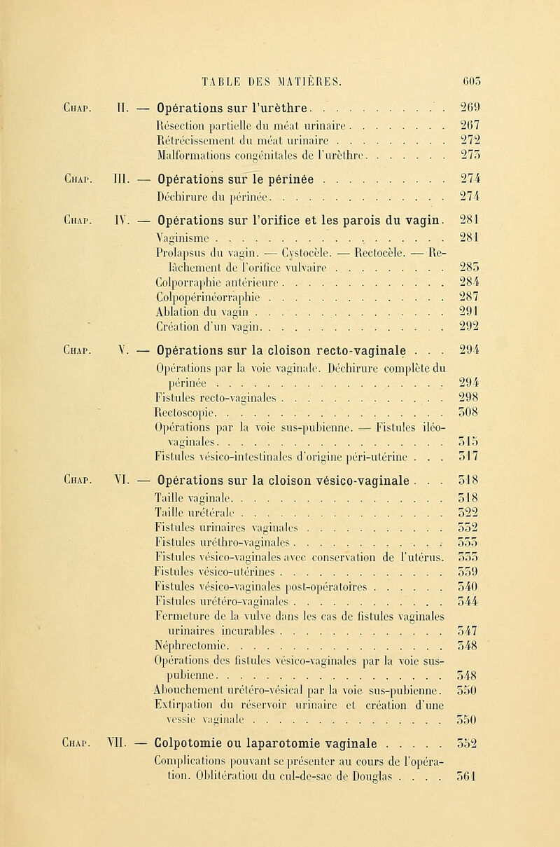 Chap. II. — Opérations sur l'urèthre 269 Résection partielle du méat urinaire 267 Rétrécissement du méat urinaire 272 Malformations congénitales de l'urèthre 273 Ciup. III. — Opérations sur le périnée 274 Déchirure du jiérinée 274 Chap. IV. — Opérations sur l'orifice et les parois du vagin. 281 Vaginisme 281 Prolapsus du vagin. — Cystocèle. — Rectocèle. — Re- lâchement de l'oriflce vulvaire 285 Colporraphie antérieure 284 Colpopérinéorraphie 287 Ablation du vagin 291 Création d'un vagin 292 Chap. V. — Opérations sur la cloison recto-vaginale . . . 294 Opérations par la voie vaginale. Déchirure complète du périnée 294 Fistules recto-vaginales 298 Rectoscopie 508 Opérations par la voie sus-]}ubienne. — Fistules iléo- vaginales 515 Fistules vésico-intestinales d'origine péri-utérine ... 517 Chap. VI. — Opérations sur la cloison vésico-vaginale . . . 518 Taille vaginale 518 Taille urétérale 522 Fistules urinaires vaginales 552 Fistules uréthro-vaginales •. . .• 555 Fistules vésico-vaginale's avec conservation de l'utérus. 555 Fistules vésico-utérines 559 Fistules vésico-vaginales post-opératoires 540 Fistules urétéro-vaginales 544 Fermeture de la vulve dans les cas de fistules vaginales urinaires incurables 547 Néphrectomie 548 Opérations des fistules vésico-vaginales par la voie sus- pubienne 548 Abouchement urétéro-vésical par la voie sus-pubienne. 550 Extirjiation du réservoir urinaire et création d'une vessie vaginale 550 Chap. YIl. — Colpotomie ou laparotomie vaginale 552 Complications pouvant se présenter au cours de l'opéra- tion. Oblitération du cul-dc-sac de Douglas .... 561