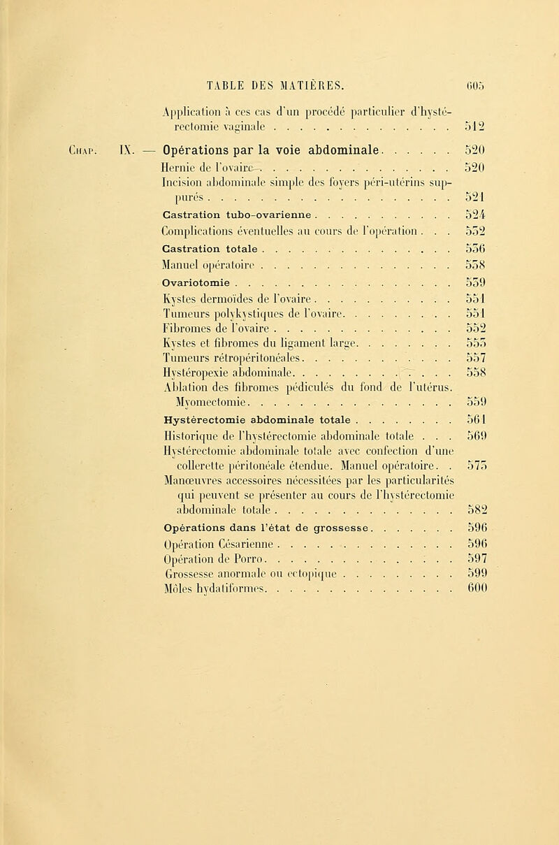 Application îi ces cas d'un procédé piirticulicr d'hysté- roctomie vaginale 512 Chai'. IX. — Opérations par la voie abdominale 520 Hernie de l'ovaire 520 Incision abdominale simple des l'oyers ])éri-utérins sup- pures 521 Castration tubo-ovarienne 52-4 Complications éventuelles au cours de l'opération . . . 552 Castration totale 556 Manuel opératoire 558 Ovariotomie 550 Kystes dermoïdes de l'ovaire 551 Tumeurs polykjstiques de l'ovaire 551 Fibromes de l'ovaire 552 Kystes et fibromes du ligament large 555 Tumeurs rétropéritonéales 557 Hystéropexie abdominale . . . 558 Ablation des fibromes pédicules du fond de l'utérus. Myomectomie 559 Hystérectomie abdominale totale 56 I Historique de l'hystérectomie abdominale totale . . . 560 Hystérectomie abdominale totale avec confection d'une collerette périlonéale étendue. Manuel opératoire. . 575 Manœuvres accessoires nécessitées par les |3articularités qui peuvent se présenter au cours de l'hystérectomie abdominale totale 582 Opérations dans l'état de grossesse 596 Opération Césarienne 596 Opération de Porro ...;.. 597 Grossesse anormale on ectopique 599 Môles hydalii'ormes 600