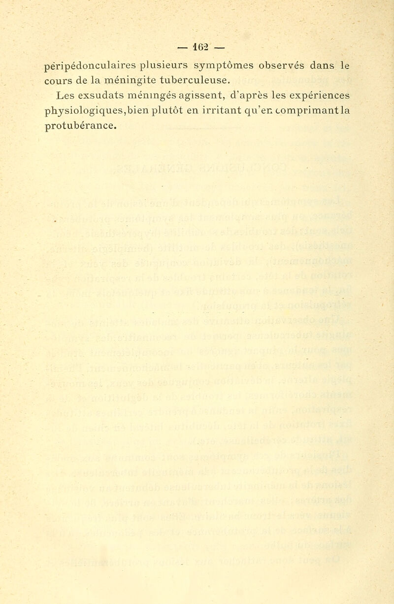péripédonculaires plusieurs symptômes observés dans le cours de la méningite tuberculeuse. Les exsudats méningés agissent, d'après les expériences physiologiques,bien plutôt en irritant qu'en comprimant la protubérance.