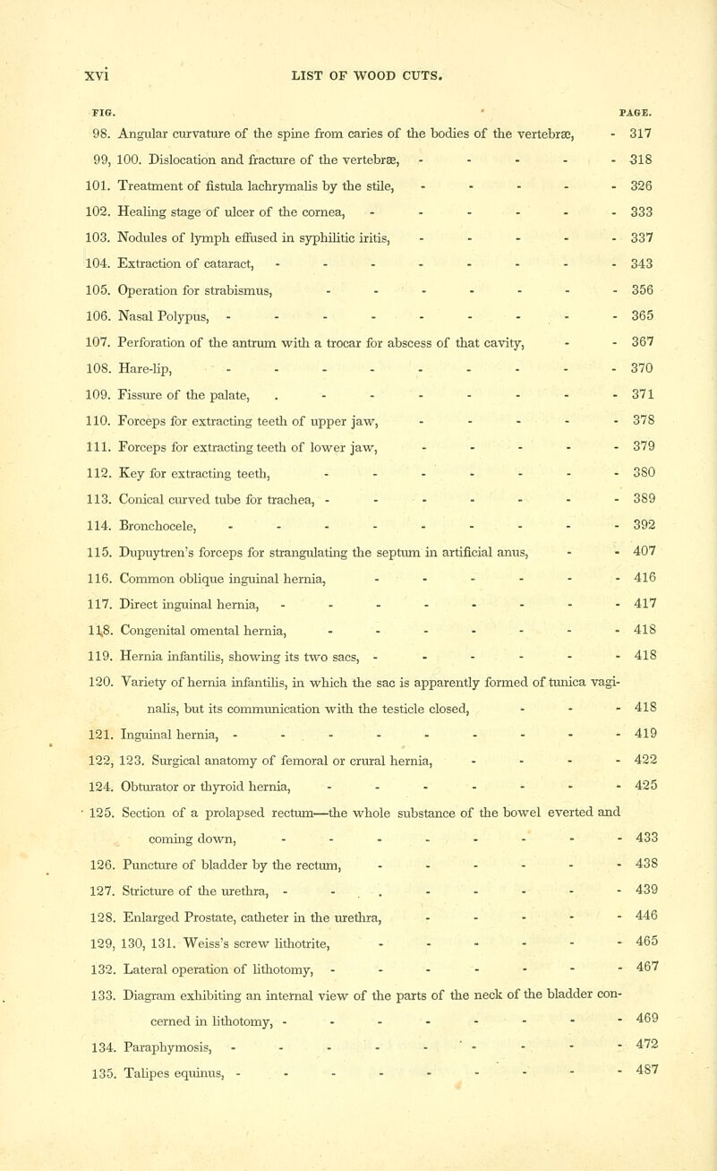 FIG. , ' FACE. 98. Angular curvature of the spine from caries of the bodies of the vertebrae, - 317 99, 100. Dislocation and fracture of the vertebrae, - - - - . 318 101. Treatment of fistula lachrymaUs by the stile, - - - - - 326 102. Healing stage of ulcer of the cornea, - - - - - - 333 103. Nodules of lymph efiused in syphihtic iritis, - . . - . 337 104. Extraction of cataract, --...--- 343 105. Operation for strabismus, - - - ■> - - - 356 106. Nasal Polypus, - - - - - - - - - 365 107. Perforation of the antrum with a trocar for abscess of that cavity, - - 367 108. Hare-Up, - - - - - - - - - - 370 109. Fissure of the palate, . - -- - - - -371 110. Forceps for extracting teeth of upper jaw, ..... 378 111. Forceps for extracting teeth of lower jaw, ..... 379 112. Key for extracting teeth, ....... 380 113. Conical curved tube for trachea, - - - - - - - 389 114. Bronchocele, .....-.-- 392 115. Dupuytren's forceps for strangulating the septum in artificial anus, - - 407 116. Common oblique inguinal hernia, ...... 416 117. Direct mguinal hernia, ....-..- 417 11,8. Congenital omental hernia, ....... 418 119. Hernia uifan tills, showmg its two sacs, - - - - - -418 120. Variety of hernia infantiUs, in which the sac is apparently formed of tunica vagi- nalis, but its communication with the testicle closed, - - - 418 121. Inguinal hernia, ...-...-- 419 122. 123. Surgical anatomy of femoral or crural hernia, .... 422 124. Obturator or thyroid hernia, - - - - - - -425 ■ 125. Section of a prolapsed rectum—the whole substance of the bowel everted and coming down, ........ 433 126. Puncture of bladder by the rectum, ....-- 438 127. Stricture of tlie urethra, - - . . - - - - - 439 128. Enlarged Prostate, catheter in the urethra, ... - - 446 129. 130, 131. Weiss's screw lithotrite, - - - - - - 465 132. Lateral operation of hthotomy, - - - - - - - 467 133. Diagram exhibiting an internal view of the parts of the neck of the bladder con- cerned in lithotomy, -------- 469 134. Paraphymosis, - - - - -'- - -  472 135. Talipes equinus, -- - - - - - - • 487