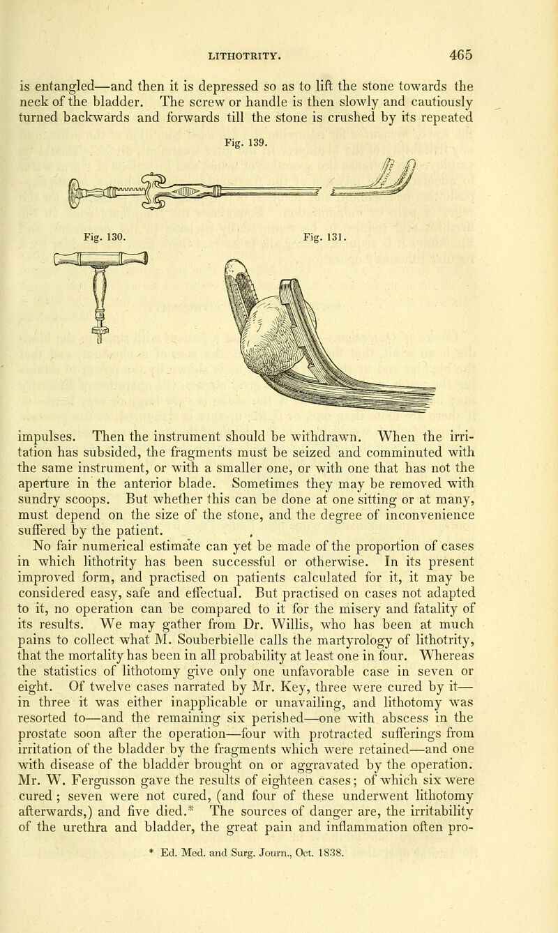 is entangled—and then it is depressed so as to lift the stone towards the neck of the bladder. The screw or handle is then slowly and cautiously turned backwards and forwards till the stone is crushed by its repeated Fig. 139. Fig. 130. Fig. 131. impulses. Then the instrument should be withdraw^n. When the irri- tation has subsided, the fragments must be seized and comminuted with the same instrument, or with a smaller one, or with one that has not the aperture in the anterior blade. Sometimes they may be removed with sundry scoops. But whether this can be done at one sitting or at many, must depend on the size of the stone, and the degree of inconvenience suffered by the patient. No fair numerical estimate can yet be made of the proportion of cases in which lithotrity has been successful or otherwise. In its present improved form, and practised on patients calculated for it, it may be considered easy, safe and effectual. But practised on cases not adapted to it, no operation can be compared to it for the misery and fatality of its results. We may gather from Dr. Willis, who has been at much pains to collect what M. Souberbielle calls the martyrology of lithotrity, that the mortality has been in all probability at least one in four. Whereas the statistics of lithotomy give only one unfavorable case in seven or eight. Of twelve cases narrated by Mr. Key, three were cured by it— in three it was either inapplicable or unavailing, and lithotomy w^as resorted to—and the remaining six perished—one with abscess in the prostate soon after the operation—four with protracted sufferings from irritation of the bladder by the fragments which were retained—and one wdth disease of the bladder brought on or aggravated by the operation. Mr. W^. Fergusson gave the results of eighteen cases; of which six were . cured ; seven were not cured, (and four of these underwent lithotomy afterwards,) and five died.* The sources of danger are, the irritability of the urethra and bladder, the great pain and inflammation often pro- * Ed. Med. and Surg. Journ., Oct. 1838.