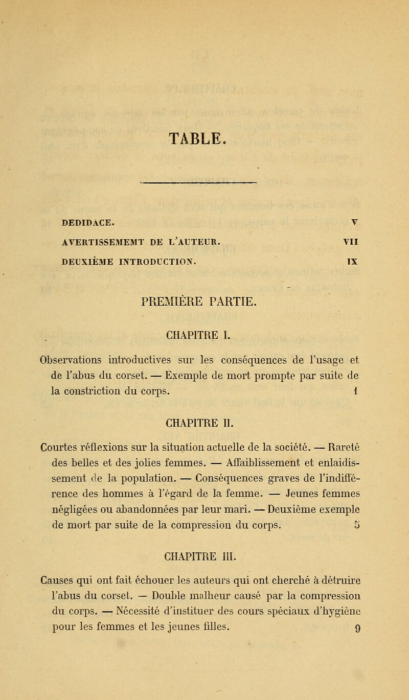 TABLE. DEDIDACE. V AVERTISSEMEMT DE i/AUTEUR. VII DEUXIÈME INTRODUCTION. IX PREMIÈRE PARTIE. CHAPITRE I. Observations introductives sur les conséquences de l'usage et de l'abus du corset. — Exemple de mort prompte par suite de la constriction du corps. 1 CHAPITRE II. Courtes réflexions sur la situation actuelle de la société. — Rareté des belles et des jolies femmes. — Affaiblissement et enlaidis- sement de la population. — Conséquences graves de l'indiffé- rence des bommes à l'égard de la femme. — Jeunes femmes négligées ou abandonnées par leur mari. — Deuxième exemple de mort par suite de la compression du corps. S CHAPITRE III. Causes qui ont fait échouer les auteurs qui ont cherché à détruire l'abus du corset. — Double malheur causé par la compression du corps. — Nécessité d'instituer des cours spéciaux d'hygiène pour les femmes et les jeunes filles. g