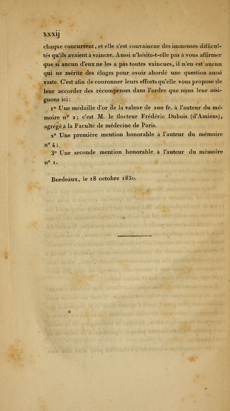 chaque concurrent, et elle s'est convaincue des immenses difficul- tés qu'ils avaient à vaincre. Aussi n'hésite-t-elle pas à vous affirmer que si aucun d'eux ne les a pas toutes vaincues, il n'en est aucun qui ne mérite des éloges pour avoir abordé une question aussi vaste. C'est afin de couronner leurs efforts qu'elle vous propose de leur accorder des récompenses dans l'ordre que nous leur assi- gnons ici : i° Une médaille d'or de la valeur de 200 fr. à l'auteur du mé- moire n° 2; c'est M. le docteur Frédéric Dubois (d'Amiens), agrégé à la Faculté de médecine de Paris. 20 Une première mention honorable à l'auteur du mémoire n°4; 3° Une seconde mention honorable à l'auteur du mémoire n° 1. Bordeaux, le 18 octobre i83o.