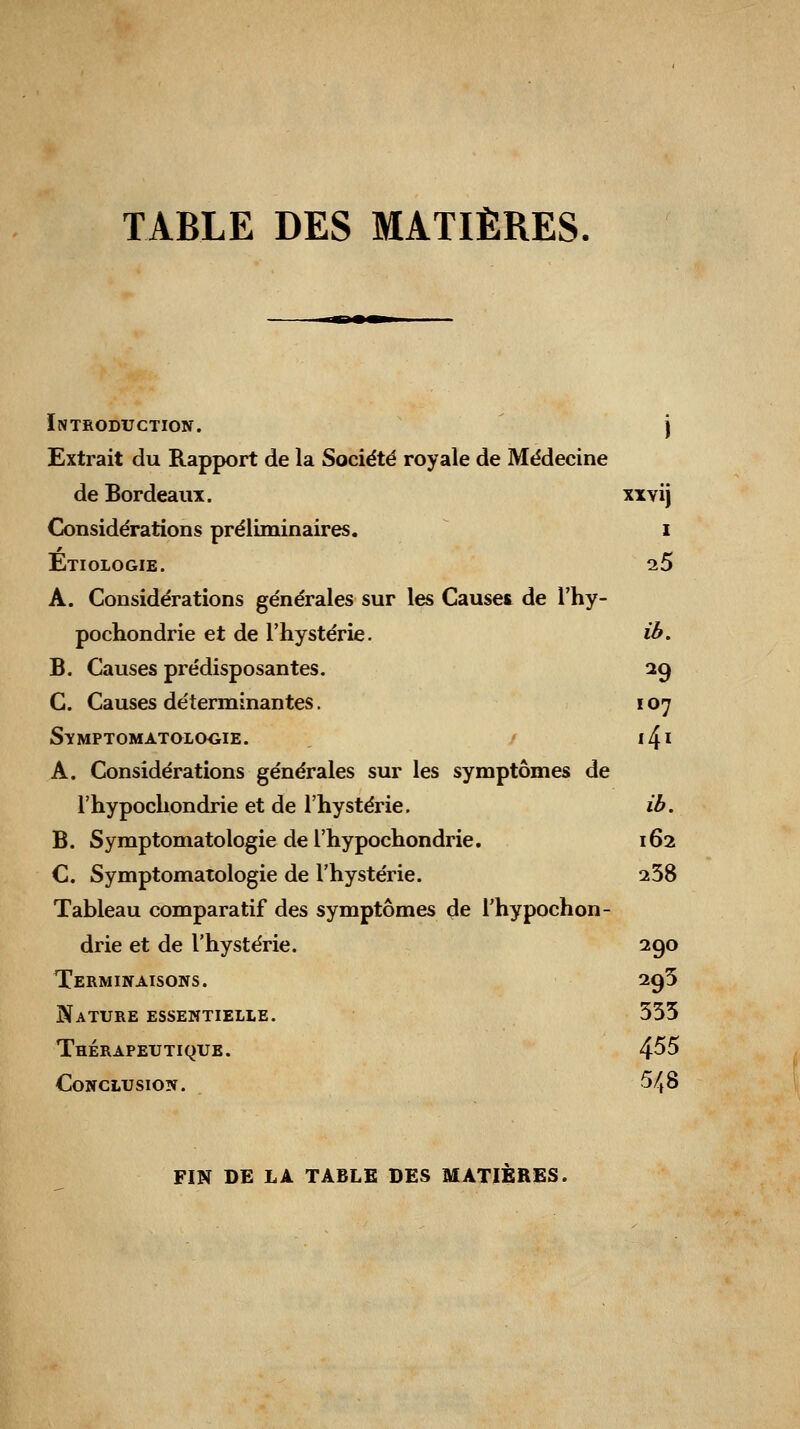 Introduction. j Extrait du Rapport de la Société royale de Médecine de Bordeaux. xxvij Considérations préliminaires. i Etiologie. 25 A. Considérations générales sur les Causes de l'hy- pochondrie et de l'hystérie. ib. B. Causes prédisposantes. 29 C. Causes déterminantes. 107 Symptomatologie. i4x A. Considérations générales sur les symptômes de l'hypocliondrie et de l'hystérie. ib. B. Symptomatologie de l'hypochondrie. 162 C. Symptomatologie de l'hystérie. 238 Tableau comparatif des symptômes de l'hypochon- drie et de l'hystérie. 290 Terminaisons. 2g5 Nature essentielle. 533 Thérapeutique. 4^5 Conclusion. 5/, 8 FIN DE LA TABLE DES MATIERES.