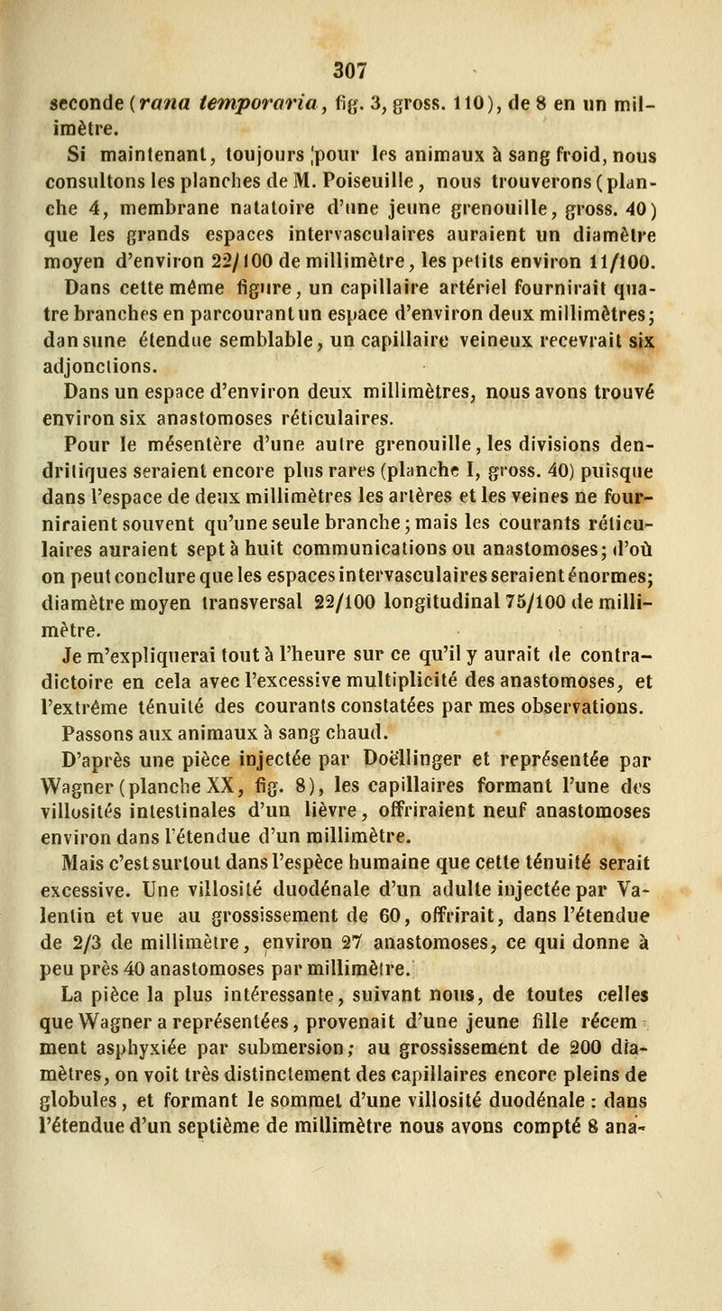 seconde {rana temporaria, fig. 3, gross. 110), de 8 en un mil- imètre. Si maintenant, toujours ,'pour les animaux à sang froid, nous consultons les planches de M. Poiseuille, nous trouverons ( plan- che 4, membrane natatoire d'une jeune grenouille, gross. 40) que les grands espaces intervasculaires auraient un diamètre moyen d'environ 22/100 de millimètre, les petits environ 11/100. Dans cette môme figure, un capillaire artériel fournirait qua- tre branches en parcourant un espace d'environ deux millimètres; dansune étendue semblable, un capillaire veineux recevrait six adjonctions. Dans un espace d'environ deux millimètres, nous avons trouvé environ six anastomoses réticulaires. Pour le mésentère d'une autre grenouille, les divisions den- driliques seraient encore plus rares (planche I, gross. 40) puisque dans l'espace de deux millimètres les artères et les veines ne four- niraient souvent qu'une seule branche; mais les courants réticu- laires auraient sept à huit communications ou anastomoses; d'où on peut conclure que les espaces intervasculaires seraient énormes; diamètre moyen transversal 22/100 longitudinal 75/100 de milli- mètre. Je m'expliquerai tout à l'heure sur ce qu'il y aurait de contra- dictoire en cela avec l'excessive multiplicité des anastomoses, et l'extrême ténuité des courants constatées par mes observations. Passons aux animaux à sang chaud. D'après une pièce injectée par Doëllinger et représentée par Wagner (planche XX, fig. 8), les capillaires formant l'une des villosités intestinales d'un lièvre, offriraient neuf anastomoses environ dans l'étendue d'un millimètre. Mais c'estsurlout dans l'espèce humaine que cette ténuité serait excessive. Une villosité duodénale d'un adulte injectée par Va- lenlia et vue au grossissement de 60, offrirait, dans l'étendue de 2/3 de millimètre, environ 27 anastomoses, ce qui donne à peu près 40 anastomoses par millimètre. La pièce la plus intéressante, suivant nous, de toutes celles que Wagner a représentées, provenait d'une jeune fille récem ment asphyxiée par submersion; au grossissement de 200 dia- mètres, on voit très distinctement des capillaires encore pleins de globules, et formant le sommet d'une villosité duodénale : dans l'étendue d'un septième de millimètre nous avons compté 8 ana- '%