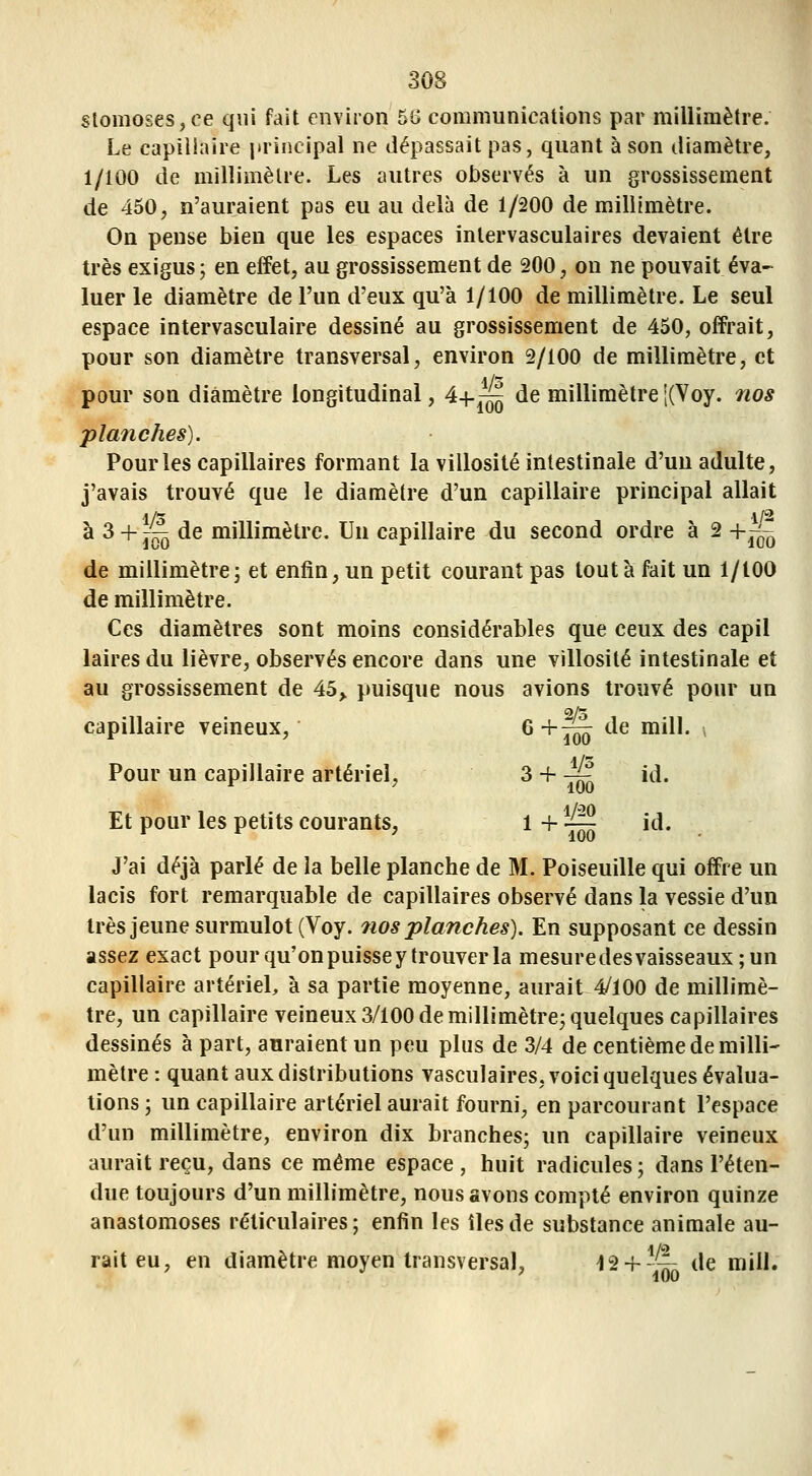slomoses,ce qni fait environ 5G communications par millimètre. Le capillaire iirincipal ne dépassait pas, quant à son diamètre, 1/100 de millimètre. Les autres observés à un grossissement de 450, n'auraient pas eu au delà de 1/200 de millimètre. On pense bien que les espaces intervasculaires devaient être très exigus; en effet, au grossissement de 200, on ne pouvait éva- luer le diamètre de l'un d'eux qu'à 1/100 de millimètre. Le seul espace intervasculaire dessiné au grossissement de 450, offrait, pour son diamètre transversal, environ 2/100 de millimètre, et pour son diamètre longitudinal, 4-i-^ de millimètre |(Voy. nos planches). Pour les capillaires formant la villosité intestinale d'un adulte, j'avais trouvé que le diamètre d'un capillaire principal allait à 3 + j^ de millimètre. Un capillaire du second ordre à 2 +-^^ de millimètre j et enfin, un petit courant pas tout à fait un l/lOO de millimètre. Ces diamètres sont moins considérables que ceux des capil laires du lièvre, observés encore dans une villosité intestinale et au grossissement de 45^ puisque nous avions trouvé pour un 0/5 capillaire veineux, ^^ïoô ^^ ™^^^' ^ Pour un capillaire artériel, '^'^ m *^* Et pour les petits courants, ^ ^ o^ ^^'* J'ai déjà parlé de la belle planche de M. Poiseuille qui offre un lacis fort remarquable de capillaires observé dans la vessie d'un très jeune surmulot (Voy. nos planches). En supposant ce dessin assez exact pour qu'on puisse y trouver la mesuredesvaisseaux;un capillaire artériel, à sa partie moyenne, aurait 4/100 de millimè- tre, un capillaire veineux 3/100 de millimètre; quelques capillaires dessinés à part, auraient un peu plus de 3/4 de centième de milli- mètre : quant aux distributions vasculaires, voici quelques évalua- lions ; un capillaire artériel aurait fourni, en parcourant l'espace d'un millimètre, environ dix branches; un capillaire veineux aurait reçu, dans ce même espace, huit radicules; dans l'éten- due toujours d'un millimètre, nous avons compté environ quinze anastomoses réticulaires ; enfin les îles de substance animale au- rait eu, en diamètre moyen transversal, i2 + -~ de mill.