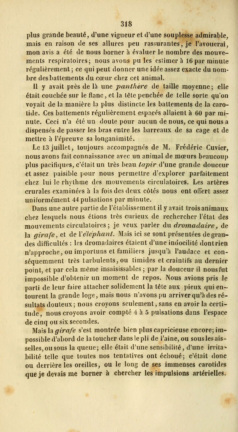 plus grande beauté, d'une vigueur et d'une souplesse admirable, mais en raison de ses allures peu rassurantes, je l'avouerai, mon avis a été de nous borner à évaluer le nombre des mouve- ments respiratoires5 nous avons pu les estimer à 16 par minute régulièrement ; ce qui peut donner une idée assez exacte du nom- bre des battements du cœur chez cet animal. Il y avait près de là une panthère de taille moyenne ; elle était couchée sur le flanc, et la tête penchée de telle sorte qu'on voyait de la manière la plus distincte les battements de la caro- tide. Ces battements régulièrement espacés allaient à 60 par mi- nute. Ceci n'a été un doute pour aucun de nous, ce qui nous a dispensés de passer les bras entre les barreaux de sa cage et de mettre à ré])reuve sa longanimité. Le 13 juillet, toujours accompagnés de M. Frédéric Cuvier, nous avons fait connaissance avec un animal de mœurs beaucoup plus pacilîques, c'était un très beau tapir d'une grande douceur et assez paisible pour nous permettre d'explorer parfaitement chez lui le rhythme des mouvements circulatoires. Les artères crurales examinées à la fois des deux côtés nous ont offert assez uniformément 44 pulsations par minute. Dans une autre partie de l'établissement il y avait trois animaux chez lesquels nous étions très curieux de rechercher l'état des mouvements circulatoires ; je veux parler du dromadaire, de la girafe, et de Véléphant. Mais ici se sont présentées de gran- des difficultés : les dromadaires étaient d'une indocilité dont rien n'approche, ou importuns et familiers jusqu'à l'audace et con- séquemment très tarbulents, ou timides et craintifs au dernier point, et par cela même insaisissables ; par la douceur il nous fut impossible d'obtenir un moment de repos. Nous avions pris le parti de leur faire attacher solidement la tête aux pieux qui en- tourent la grande loge, mais nous n'avons pu arriver qu'à des ré- sultats douteux; nous croyons seulement, sans en avoir la certi- tude, nous croyons avoir compté 4 à 5 pulsations dans l'espace de cinq ou six secondes. Md\%\di girafe s'est montrée bien plus capricieuse encore; im- possible d'abord de la toucher dans le pli de l'aine, ou sous les ais- selles, ou sous la queue; elle était d'une sensibiliié, d'une irrita- bilité telle que toutes nos tentatives ont échoué; c'était donc ou derrière les oreilles, ou le long de ses immenses carotides que je devais me borner à chercher les impulsions artérielles.