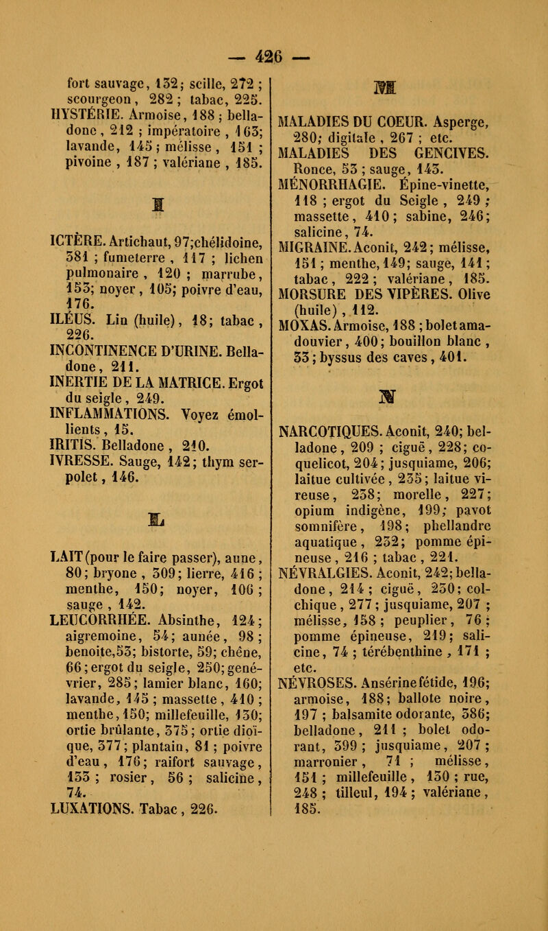 fort sauvage, 132; scille, 272 ; scourgeon, 282; tabac, 225. HYSTÉRIE. Armoise, 188 ; bella- done , 212 ; impératoire , 105; lavande, 145 ,-mélisse , 151; pivoine , 187 ; valériane , 185. 1 ICTÈRE. Artichaut, 97;cliélidoine, 581 ; fumeterre , 117 ; lichen pulmonaire, 120; marrube, 153; noyer , 105; poivre d'eau, 176. ILÉUS. Lin (huile), 18; tabac, 226. INCONTINENCE D'URINE. Bella- done, 211. INERTIE DE LA MATRICE. Ergot du seigle, 249. INFLAMMATIONS. Voyez émol- lients, 15, IRlTiS. Belladone, 210. IVRESSE. Sauge, 142; thym ser- polet , 146. 1^ LAIT (pour le faire passer), aune, 80; bryone , 509; lierre, 416 ; menthe, 150; noyer, ÎOG ; sauge , 142. LEUCORRHÉE. Absinthe, 124; aigremoine, 54; année, 98; benoite,55; bistorte, 59; chêne, 66; ergot du seigle, 250; gené- vrier, 285; lamier blanc, 160; lavande, 145 ; massette , 410 ; menthe, 150; millefeuille, 150; ortie brûlante, 575 ; ortie dioï- que, 577; plantain, 81 ; poivre d'eau, 176; raifort sauvage, 133 ; rosier, 56 ; salicine, 74. LUXATIONS. Tabac, 226. M MALADIES DU COEUR. Asperge, 280; digitale , 267 ; etc. MALADIES DES GENCIVES. Ronce, 53 ; sauge, 143. MÉNORRHAGIE. Épine-vinette, 118 ; ergot du Seigle , 249 ; massette, 410; sabine, 246; salicine, 74. MIGRAINE. Aconit, 242; mélisse, 151 ; menthe, 149; sauge, 141 ; tabac, 222; valériane, 185. MORSURE DES VIPÈRES. Olive (huile), 112. MOXAS. Armoise, 188 ; bolet ama- douvier, 400; bouillon blanc , 33 ; byssus des caves ,401. N NARCOTIQUES. Aconit, 240; bel- ladone, 209 ; cigué, 228; co- quelicot, 204; jusquiame, 206; laitue cultivée , 235; laitue vi- reuse, 238; morelle, 227; opium indigène, 199; pavot somnifère, 198; phellandre aquatique, 232; pomme épi- neuse , 216 ; tabac , 221. NÉVRALGIES. Aconit, 242; bella- done, 214; ciguë, 250; col- chique , 277 ; jusquiame, 207 mélisse, 158 ; peuplier, 76 pomme épineuse, 219; sali cine, 74 ; térébenthine ,171 etc. NÉVROSES. Ansérine fétide, 196 armoise, 188; ballote noire 197 ; balsamite odorante, 386 belladone, 211 ; bolet odo rant, 399; jusquiame, 207 marronier, 71 ; mélisse 151 ; millefeuille, 130; rue 248; tilleul, 194; valériane 185.