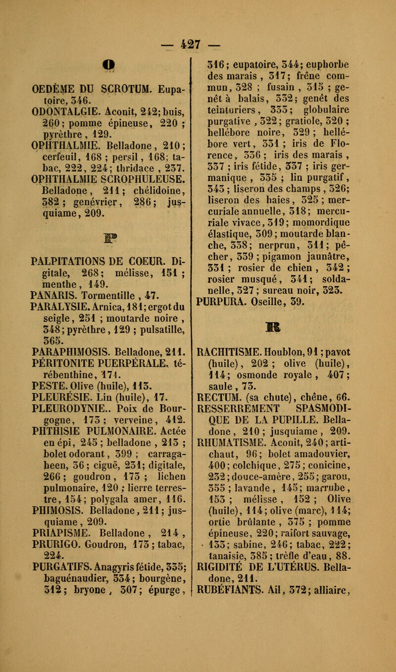 a OEDÈME DU SCROTUM. Eupa îoire, 346. ODONTALGIE. Aconit, 2i2;buis 260; pomme épineuse, 220 pyrèthre, 129. OPHTHALMIE. Belladone, 210 cerfeuil, 168 ; persil ,168; ta bac, 222, 224; thridace , 257 OPHTHALMIE SCROPHULEUSE Belladone, 211; chélidoine 582; genévrier, 286; jus quiame, 209. PALPITATIONS DE COEUR. Di- gitale, 268; mélisse, 151 ; menthe, 149. PANARIS. Tormentille , 47. PARALYSIE. Arnica, 181;ergotdQ seigle, 251 ; moutarde noire , 348 ; pyrèthre, 129 ; pulsatille, 365. PARAPHIMOSIS. Belladone, 211, PÉRITONITE PUERPÉRALE, té- rébenthine, '171. PESTE.Olive (huile), 113. PLEURÉSIE. Lin (huile), 17. PLEURODYNIE.. Poix de Bour- gogne, 175; verveine, 412. PHTHISIE PULMONAIRE. Actée en épi, 245 ; belladone , 215 ; bolet odorant, 599 ; carraga- heen, 56; ciguë, 251; digitale, 266; goudron, 175; lichen pulmonaire, 120 ; lierre terres- tre, 154; polygala amer, 116. PHIMOSIS. Belladone, 211 ;jus- quiame, 209. PRIAPISME. Belladone, 214, PRURIGO. Goudron, 173; tabac, 224. PURGATIFS. Anagyris fétide, 335; baguénaudier, 334; bourgène, 312; bryone , 307; épurge, 316; eupatoire, 344; euphorbe des marais , 317; frêne com- mun, 528 ; fusain , 315 ; ge- nêt à balais, 552; genêt des teinturiers, 355 ; globulaire purgative , 522 ; gratiole, 520 ; hellébore noire, 529 ; hellé- bore vert, 551 ; iris de Flo- rence, 336 ; iris des marais , 337 ; iris fétide, 357 ; iris ger- manique , 555 ; lin purgatif, 343 ; liseron des champs , 526; liseron des haies, 525 ; mer- curiale annuelle, 518; mercu- riale vivace, 519; momordique élastique, 509 ; moutarde blan- che, 558; nerprun, 511; pê- cher, 559 ; pigamon jaunâtre, 351 ; rosier de chien , 542 ; rosier musqué, 341; solda- nelle, 327 ; sureau noir, 323. PURPURA, Oseille, 39. R RACHITISME. Houblon, 91 ; pavot (huile), 202 ; olive (huile), 114; osmonde royale, 407; saule, 73. RECTUM, (sa chute), chêne, 66. RESSERREMENT SPASMODI- QUE DE LA PUPILLE. Bella- done , 210 ; jusquiame , 209. RHUMATISME. Aconit, 240; arti- chaut, 96; bolet amadouvier, 400; colchique, 275; conicine, 252 ; douce-amère, 255 ; garou, 555 ; lavande , 145; marrube, 155 ; mélisse , 152 ; Olive (huile), 114; olive (marc), H4; ortie brûlante , 575 ; pomme épineuse, 220; raifort sauvage, • 155; Sabine, 246; tabac, 222; tanaisie, 585; trèfle d'eau, 88. RIGIDITÉ DE L'UTÉRUS. Bella- done, 211. RUBÉFIANTS. Ail, 372; alliaire,