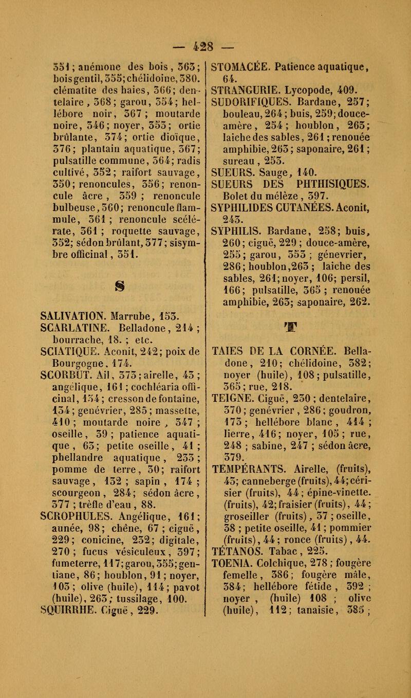 551 ; anémone des bois , 565; bois gentil, 555; chélidoine, 580. clématite des haies, 5GG; den- lelaire , 568; garou, 554; hel- lébore noir, 567; moutarde noire, 546; noyer, 555; ortie brûlante, 574; ortie dioïque, 576; plantain aquatique, 567; pulsatille commune, 564; radis cultivé, 552; raifort sauvage, 350; renoncules, 556; renon- cule acre , 559 ; renoncule bulbeuse,560; renonculeflam- mule, 561 ; renoncule scélé- rate, 561 ; roquette sauvage, 552; sédonbrûlant,577;sisym- bre officinal ,551. S SALIVATION. Marrube, 155. SCARLATINE. Belladone, 214 ; bourrache, 18. ; etc. SCIATIQUE. Aconit, 242; poix de Bourgogne. 174. SCORBUT. Ail, 575;airelle, 45 angélique, 161 ; cochléaria offi cinal, 154; cresson de fontaine 154 ; genévrier, 285 ; massette 410; moutarde noire ^ 547 oseille, 59; patience aquati que, 65; petite oseille, 41 phellandre aquatique, 255 pomme de terre, 50; raifort sauvage, 152; sapin, 174 scourgeon , 284; sédon acre 577 ; trèfle d'eau , 88. SCROPHULES. Angélique, 161 année, 98; chêne, 67 ; ciguë 229; conicine, 252; digitale 270; fucus vésiculeux, 597 fumeterre, 117; garou, 555; gen- tiane, 86; houblon, 91; noyer, 105; olive (huile), 114; pavot (huile), 265; tussilage, 100. SQUIRRHE. Ciguë, 229. STOMxiCÉE. Patience aquatique, 64. STRANGURIE. Lycopode, 409. SUDORIFIQUES. Bardane, 257; bouleau, 264 ; buis, 259; douce- amère, 254; houblon, 265; laiche des sables, 261 ; renouée amphibie, 265 ; saponaire, 261 ; sureau, 255. SUEURS. Sauge, 140. SUEURS DES PHTHISIQUES. Bolet du mélèze, 597. SYPHILIDES CUTANÉES. Aconit, 245. SYPHILIS. Bardane, 258; buis, 260 ; ciguë, 229 ; douce-amère, 255; garou, 555 ; genévrier, 286; houblon,265 ; laiche des sables, 261; noyer, 106; persil, 166; pulsatille, 565; renouée amphibie, 265; saponaire, 262. TAIES DE LA CORNÉE. Bella- done, 210; chélidoine, 582; noyer (huile), 108; pulsatille, 565; rue, 218. TEIGNE. Ciguë, 250 ; dentelaire, 570 ; genévrier , 286 ; goudron, 175; hellébore blanc, 414; lierre, 416; noyer, 105; rue, 248 ; Sabine, 247 ; sédon acre, 579. TEMPÉRANTS. Airelle, (fruits), 45; canneberge (fruits), 44; ceri- sier (fruits), 44 ; épine-vinette. (fruits), 42; fraisier (fruits), 44 ; groseiller (fruits), 57 ; oseille, 58 ; petite oseille, 41 ; pommier (fruits), 44 ; ronce (fruits), 44. TÉTANOS. Tabac, 225. TOENIA. Colchique, 278 ; fougère femelle, 586; fougère mâle, 584; hellébore fétide, 592 ; noy^r , (huile) 108 ; olive (huile), 112; tanaisie, 385;