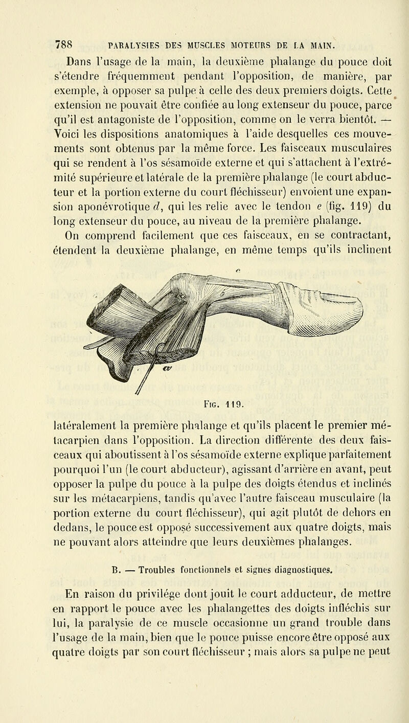 Dans l'usage de la main, la deuxième phalange du pouce doit s'étendre fréquemment pendant l'opposition, de manière, par exemple, à opposer sa pulpe à celle des deux premiers doigts. Cette extension ne pouvait être confiée au long extenseur du pouce, parce qu'il est antagoniste de l'opposition, comme on le verra bientôt. — Voici les dispositions anatomiques à l'aide desquelles ces mouve- ments sont obtenus par la même force. Les faisceaux musculaires qui se rendent à l'os sésamoïde externe et qui s'attachent à l'extré- mité supérieure et latérale de la première phalange (le court abduc- teur et la portion externe du court fléchisseur) envoient une expan- sion aponévrotique f/, qui les relie avec le tendon e (fig. 119) du long extenseur du pouce, au niveau de la première phalange. On comprend facilement que ces faisceaux, en se contractant, étendent la deuxième phalange, en même temps qu'ils inclinent Fig. 119. latéralement la première phalange et qu'ils placent le premier mé- tacarpien dans l'opposition. La direction différente des deux fais- ceaux qui aboutissent à l'os sésamoïde externe explique parfaitement pourquoi l'un (le court abducteur), agissant d'arrière en avant, peut opposer la pulpe du pouce à la pulpe des doigts étendus et inclinés sur les métacarpiens, tandis qu'avec l'antre faisceau musculaire (la portion externe du court fléchisseur), qui agit plutôt de dehors en dedans, le pouce est opposé successivement aux quatre doigts, mais ne pouvant alors atteindre que leurs deuxièmes phalanges. B. — Troubles fonctionnels et signes diagnostiques. En raison du privilège dont jouit le court adducteur, de mettre en rapport le pouce avec les phalangettes des doigts infléchis sur lui, la paralysie de ce muscle occasionne un grand trouble dans l'usage de la main, bien que le pouce puisse encore être opposé aux quatre doigts par son court fléchisseur ; mais alors sa pulpe ne peut