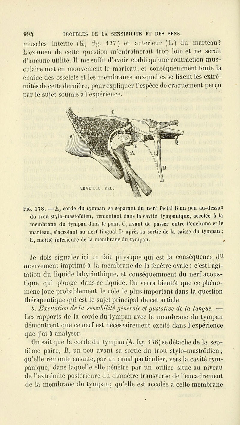 muscles interne (K, fig. 177) et aiuérieur (L) du marteau? L'examen de cette question m'entraînerait trop loin et ne serait d'aucune utilité. Il me suffit d'avoir établi qu'une contraction mus- culaire met en mouvement le marteau, et conséquemment toute la chaîne des osselets et les membranes auxquelles se fixent les extré- mités de cette dernière, pour expliquer l'espèce de craquement perçu par le sujet soumis à l'expérience. LEVEILLE. DEL W^J FiG. 178. —Aj corde du tympan se séparant du nerf l'acial B un peu au-dessus du trou stylo-mastoïdien, remontant dans la cavité tympanique, accolée à la membrane du tympan dans le point G, avant de passer entre l'enclume et le marteau, s'accolant au nerf lingual D après sa sortie de la caisse du tympan ; E, moitié inférieure de la membrane du tympan. , Je dois signaler ici un fait physique qui est la conséquence dU mouvement imprimé à la membrane de la fenêtre ovale : c'est l'agi- tation du liquide labyrinthique, et conséquemment du nerf acous- tique qui plonge dans ce liquide. On verra bientôt que ce phéno- mène joue probablement le rôle le plus important dans la question thérapeutique qui est le sujet principal de cet article. b. Excitation de la sensibilité générale et gustative de la langue. — Les rapports de la corde dutympan avec la membrane du tympan démontrent que ce nerf est nécessairement excité dans l'expérience que j'ai à analyser. On sait que la corde du tympan (A, fig. Î78) se détache de la sep- tième paire, B, un peu avant sa sortie du trou stylo-mastoïdien ; qu'elle remonte ensuite, par un canal particulier, vers la cavité tym- panique, dans laquelle elle pénètre par un orifice situé au niveau de l'extrémité postérieure du diamètre transverse de l'encadrement de la membrane du tympan; qu'elle est accolée à cette membrane